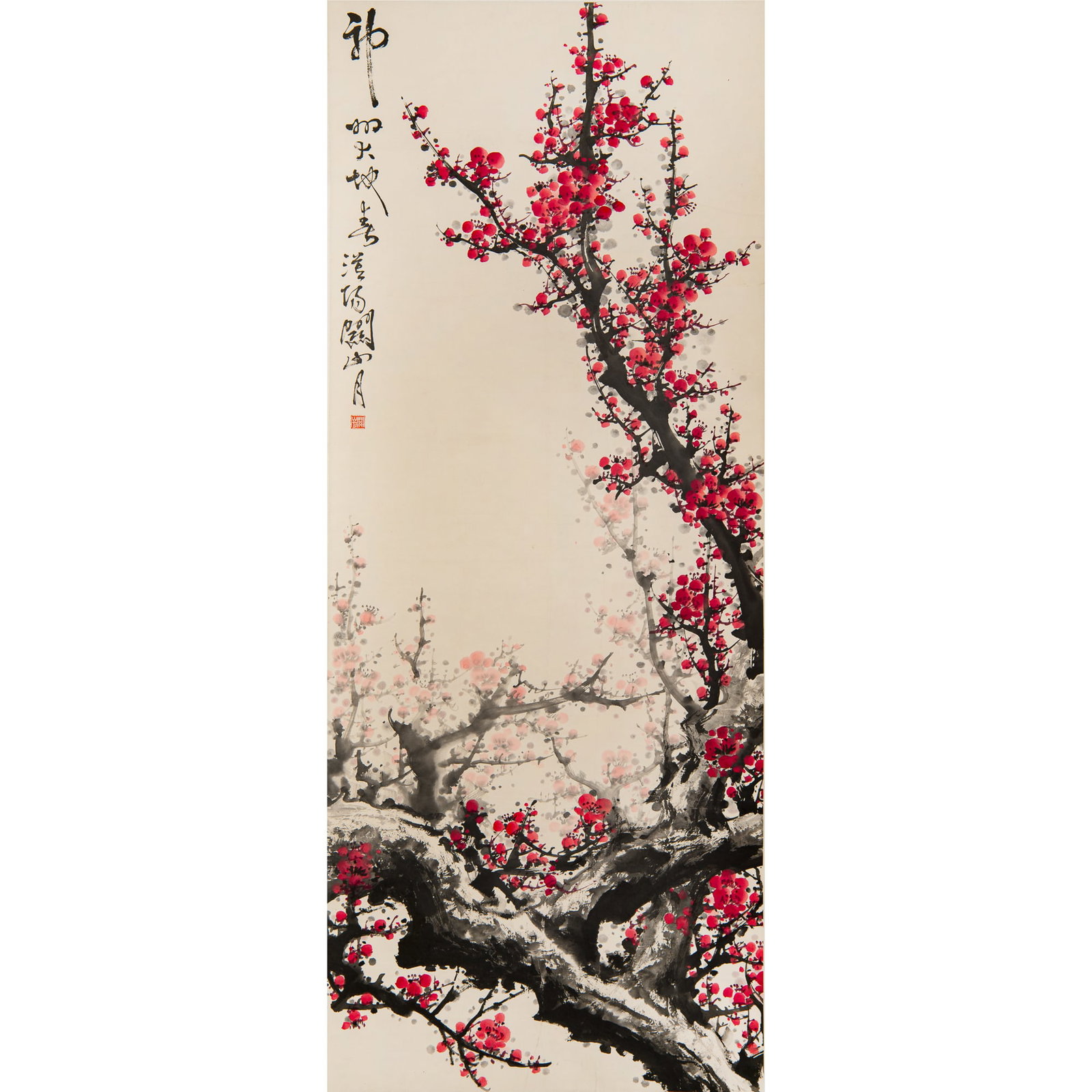 A Chinese 'plum blossom' painting, hanging scroll, by Guan Shanyue (1912-2000) (1 of 4)
