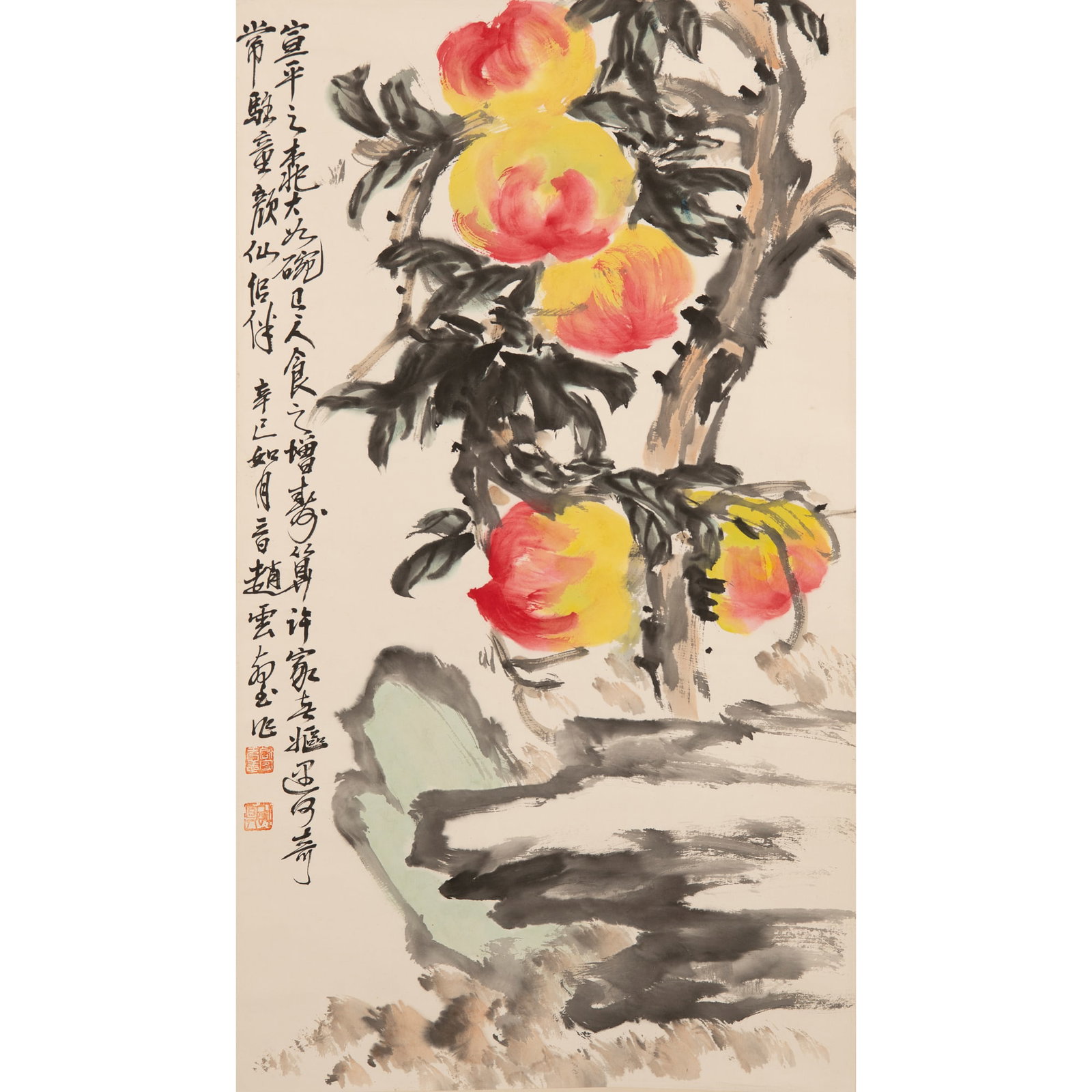 A Chinese 'peach' painting, hanging scroll, by Zhao Yunhe (1874-1955), dated 1941: A Chinese 'peach' painting, hanging scroll by Zhao Yunhe (1874-1955), dated 1941 With inscription, signature, and two seals; Inscription refers to the act of eating peaches to achieve eternal youth, w