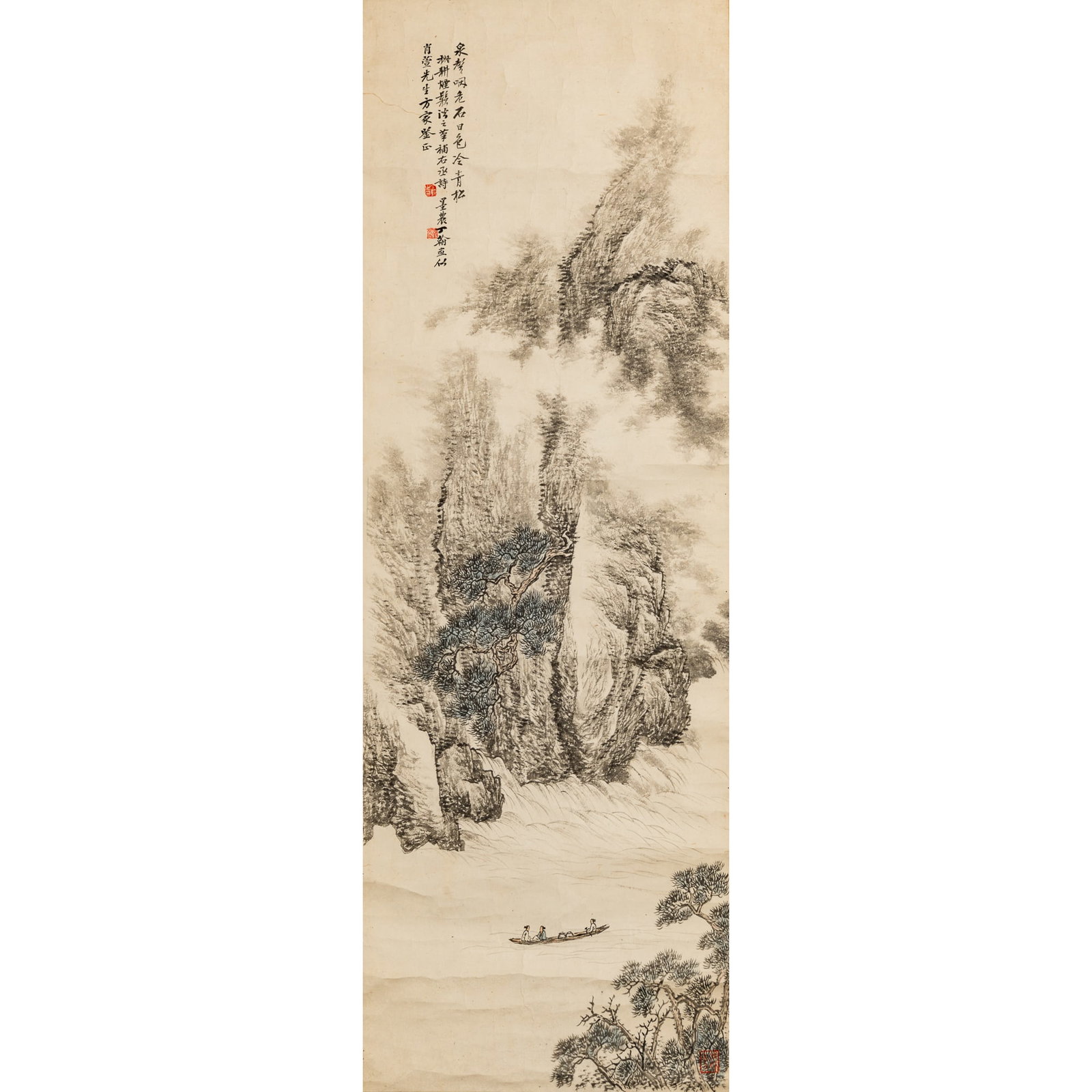 A Chinese painting of Boating at the Red Cliff, by Ding Han, Republic period: A Chinese painting of Boating at the Red Cliff by Ding Han, Republic period With dedication to Xiaoxuan, signature and three seals. Inscription quotes 'Passing by the Temple of Fragrance Accumulation'