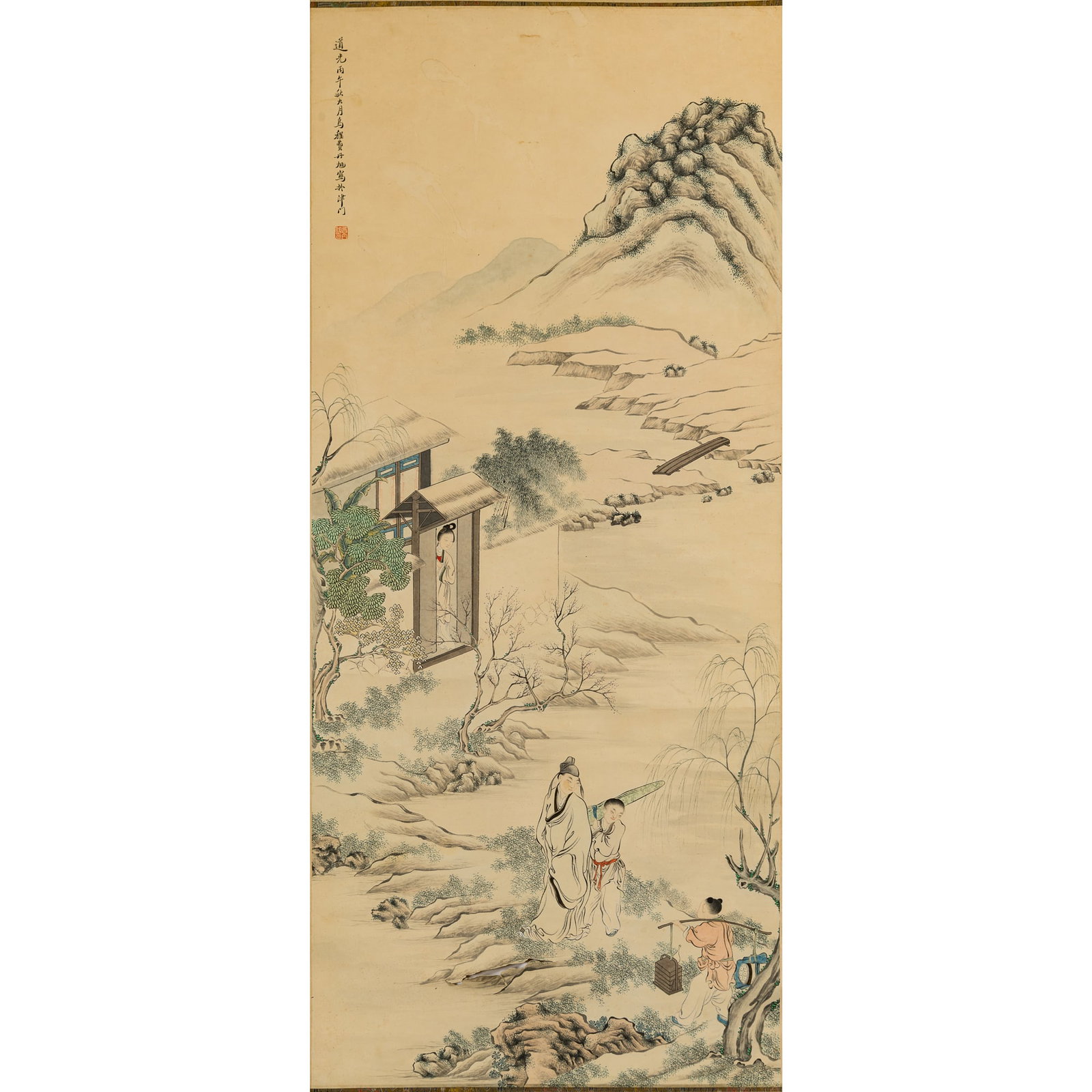 A Chinese painting of landscape and figures, hanging scroll, by Fei Danxu (1802-1850) (1 of 7)