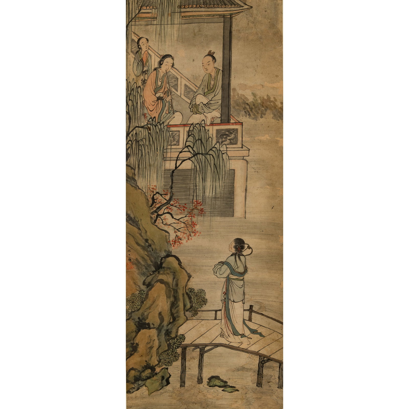 A Chinese 'court ladies' painting, hanging scroll, by Gai Qi (1773-1828): A Chinese 'court ladies' painting, hanging scroll by Gai Qi (1773-1828) With signature and one seal. Sight dimensions: H: 41, W: 15 in. (H: 104.1, W: 38.1 cm.) From an estate in Detroit, Michigan.