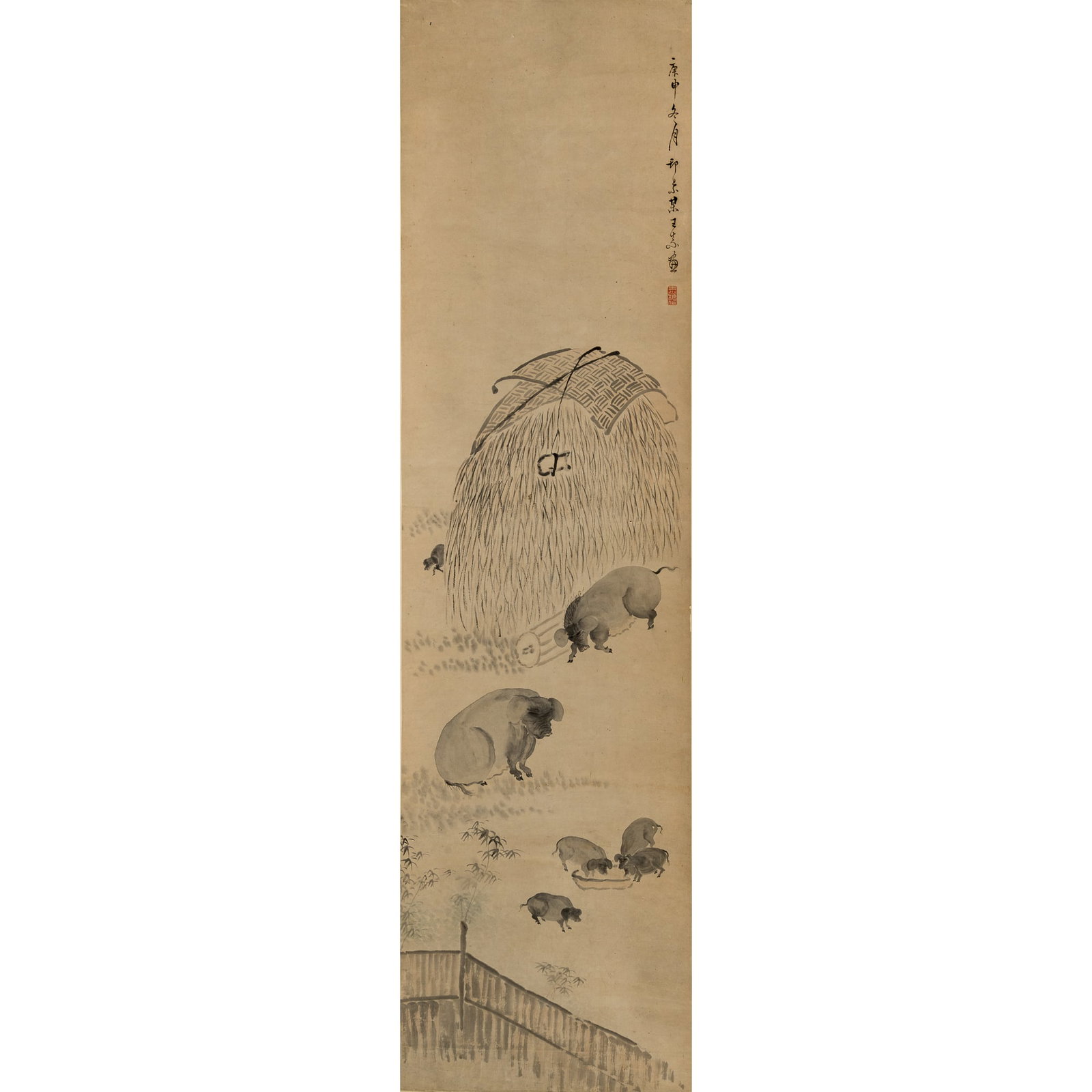 A Chinese 'Pigs in a Pen' painting, hanging scroll, by Wang Su (1794-1877): A Chinese 'Pigs in a Pen' painting, hanging scroll by Wang Su (1794-1877) With date, signature and one seal. Sold with wooden box. Sight dimensions: H: 48 3/8, W: 12 5/8 in. (H: 122.9, W: 32.1 cm.) Fr