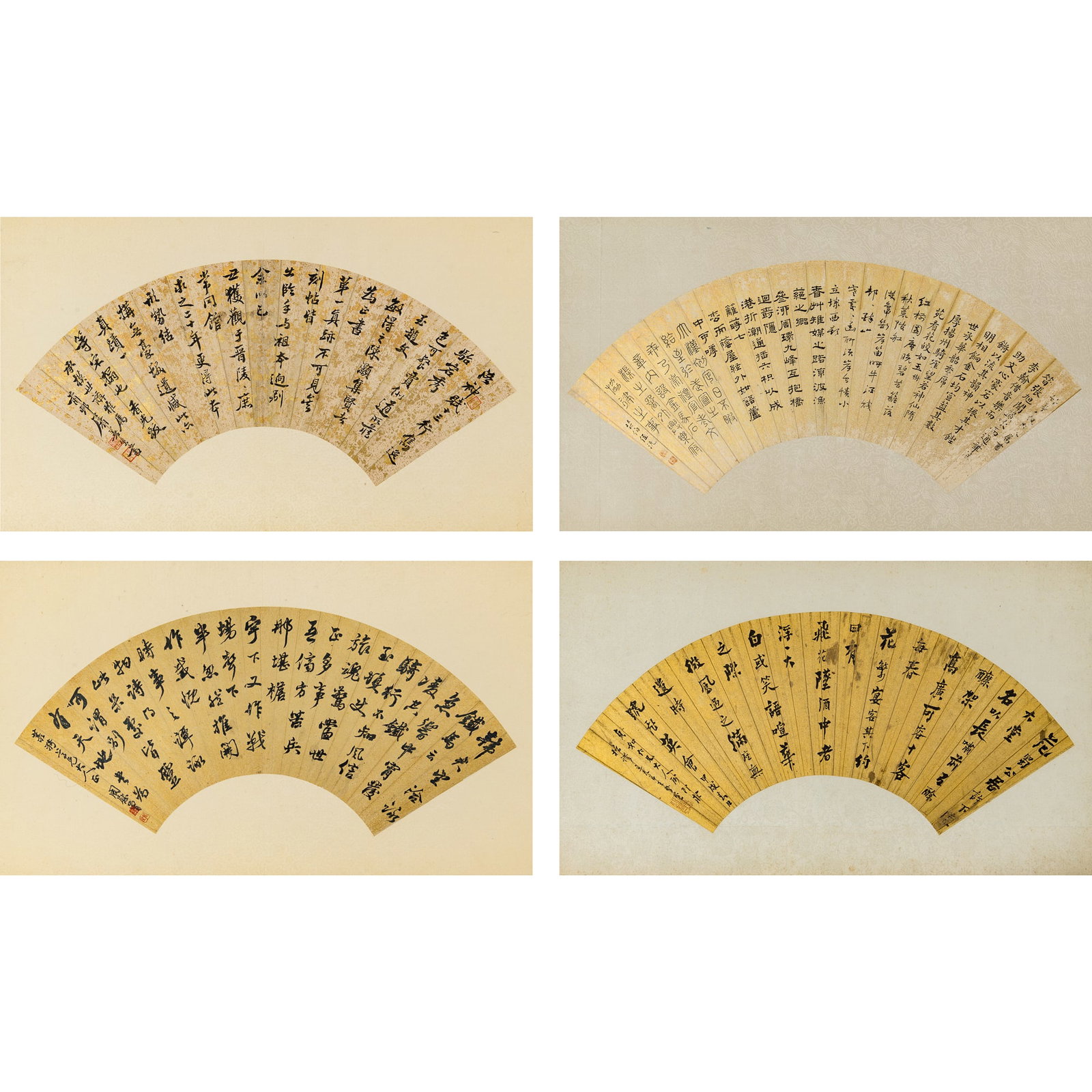 Four Chinese gold-flecked calligraphy fan leaves, Qing dynasty/Republic period: Four Chinese gold-flecked calligraphy fan leaves Qing dynasty/Republic period Each inscribed by Tu Shansheng, Ren Yuan, Wang Zhaojian, and Zhou Weichang, respectively. Each with dedication and signatu