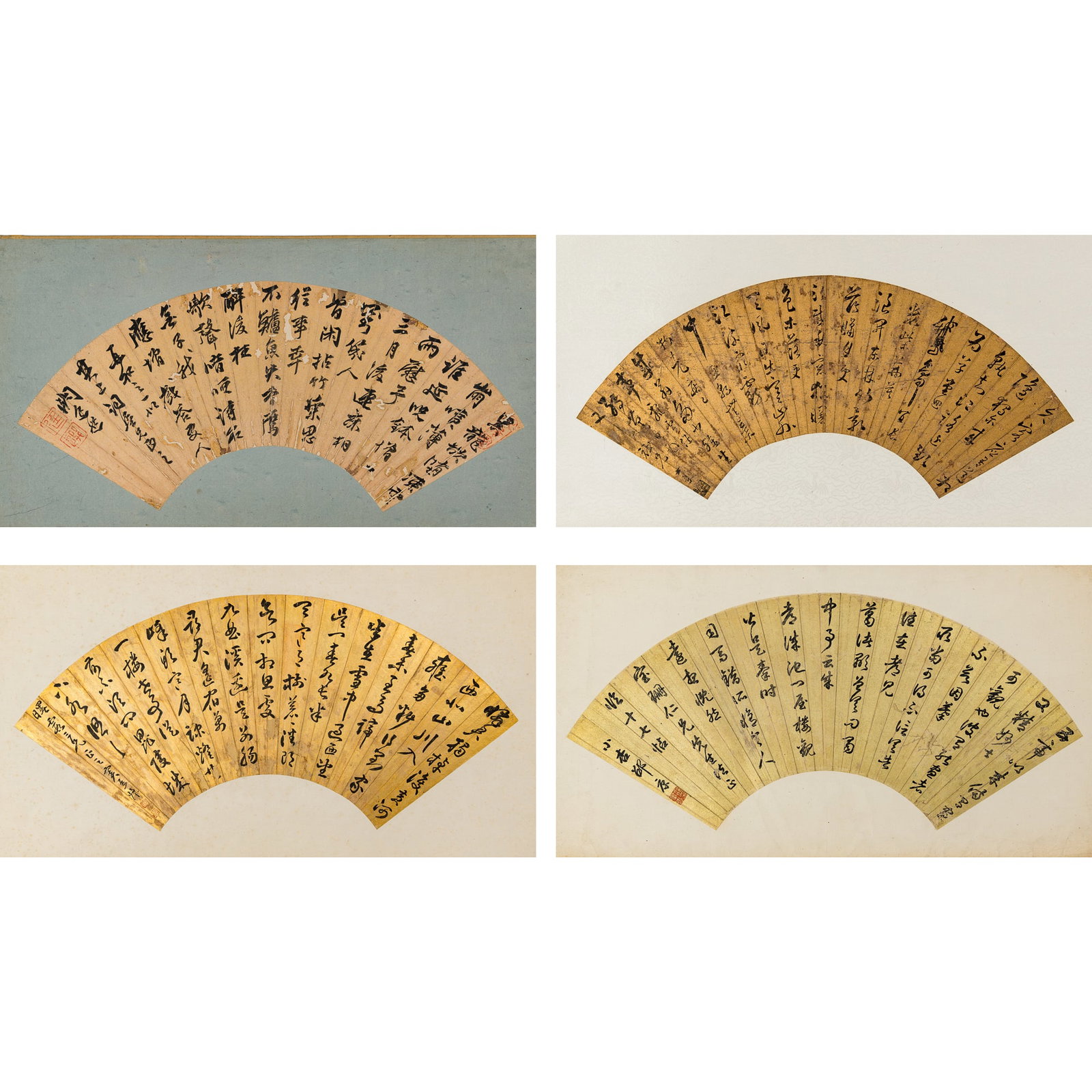 Four Chinese gold-flecked calligraphy fan leaves, Qing dynasty/Republic period: Four Chinese gold-flecked calligraphy fan leaves Qing dynasty/Republic period One by Zhou Jinran (1631-1699), one by Xi Gang (1746-1803), and two unknown. All on paper; with seven seals in total. (4).
