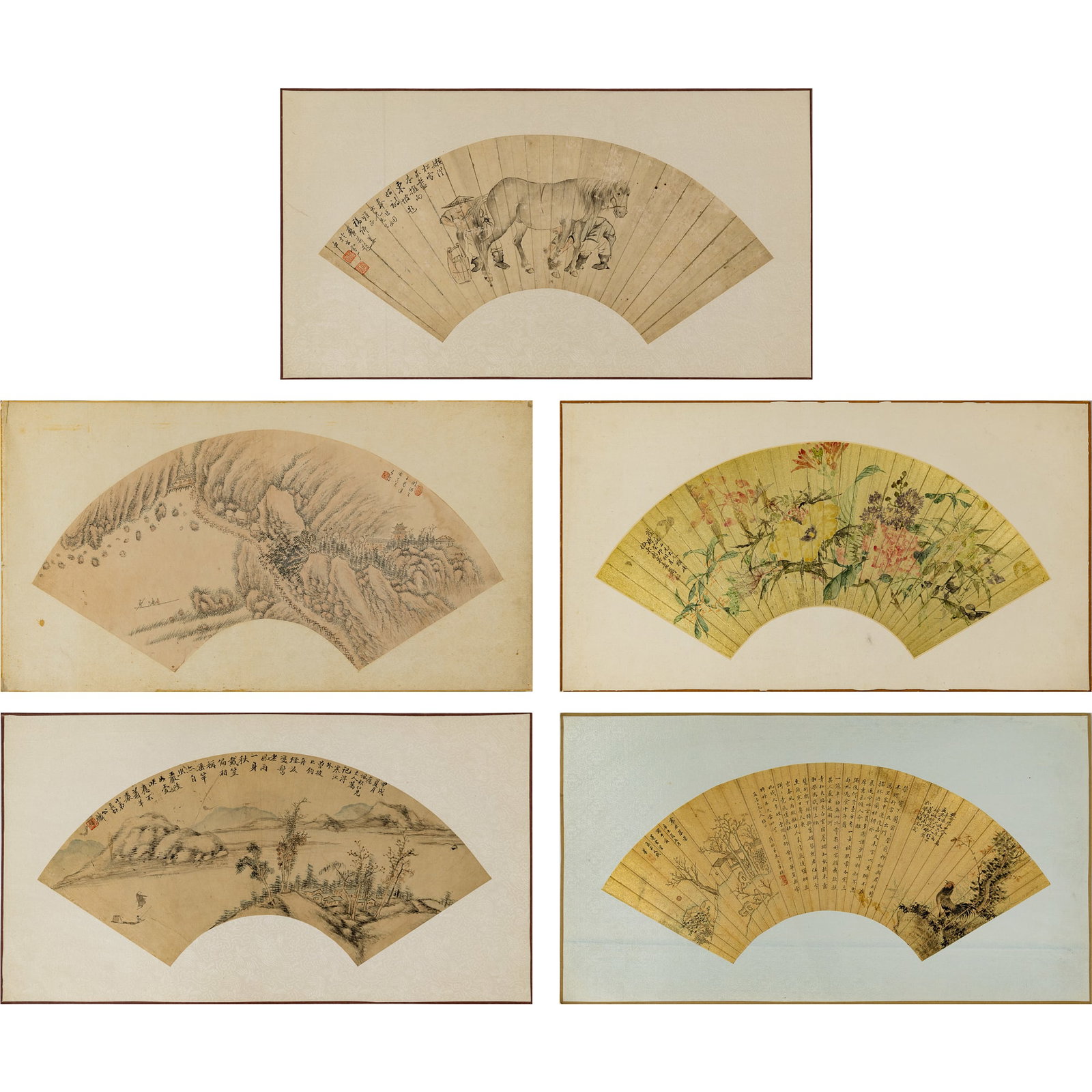 Five Chinese painting and calligraphy fan leaves, Qing dynasty/Republic period: Five Chinese painting and calligraphy fan leaves Qing dynasty/Republic period One signed Lian Ke, one signed Jiang Fuqing, and one signed Changbai Gonglin; other two unknown. All on paper, two on gold