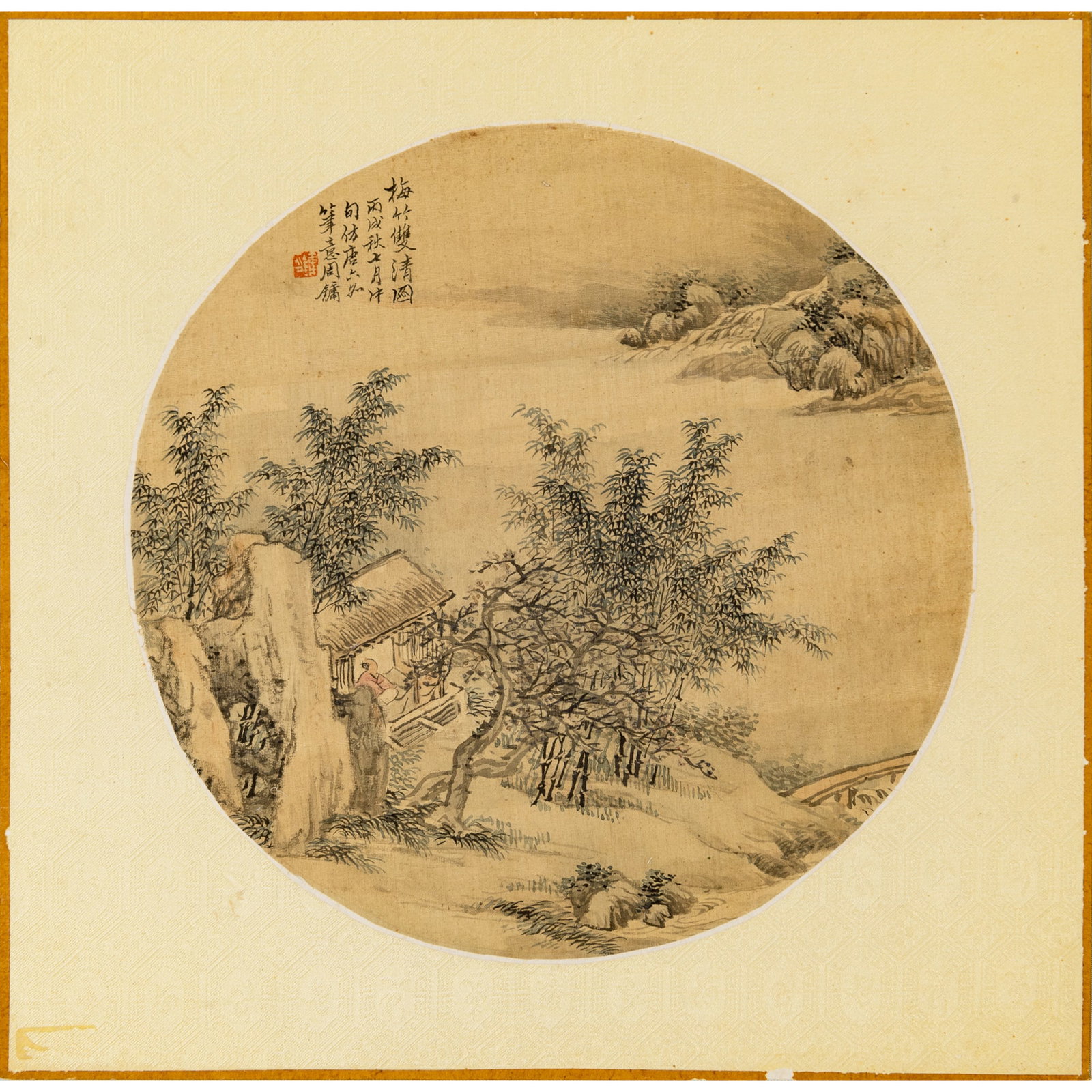A Chinese 'plum and bamboo' circular fan leaf on silk, by Zhou Yong (d. after 1888): A Chinese 'plum and bamboo' circular fan leaf on silk by Zhou Yong (d. after 1888) With inscription, signature and one seal. Sight dimensions: Dia: 10 1/2 in. (Dia: 26.7 cm.) Private collection, Houst