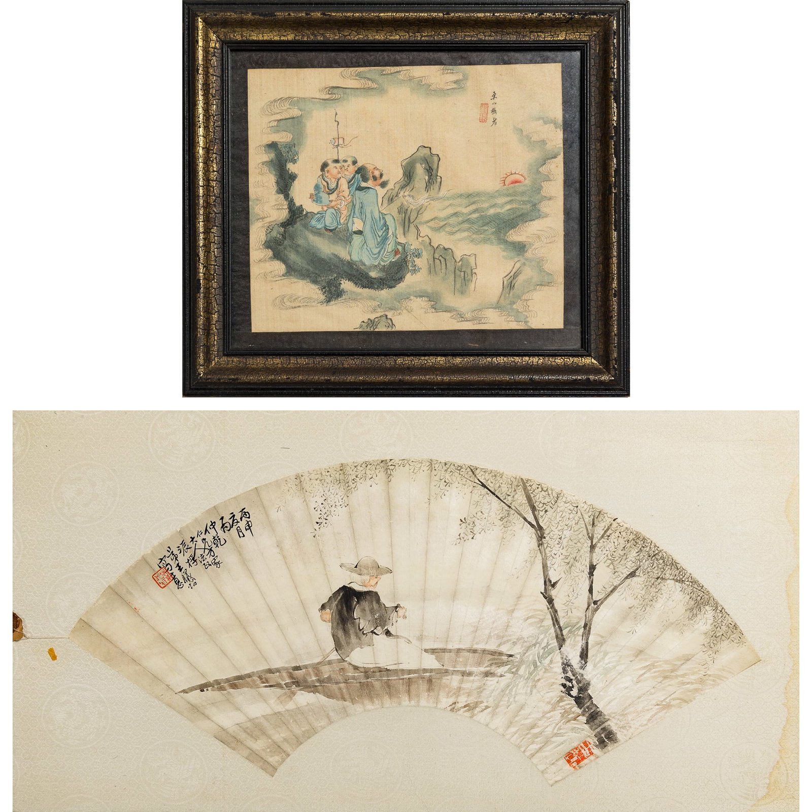 A Chinese fan leaf painting of fisherman and a framed painting of scholar (1 of 9)