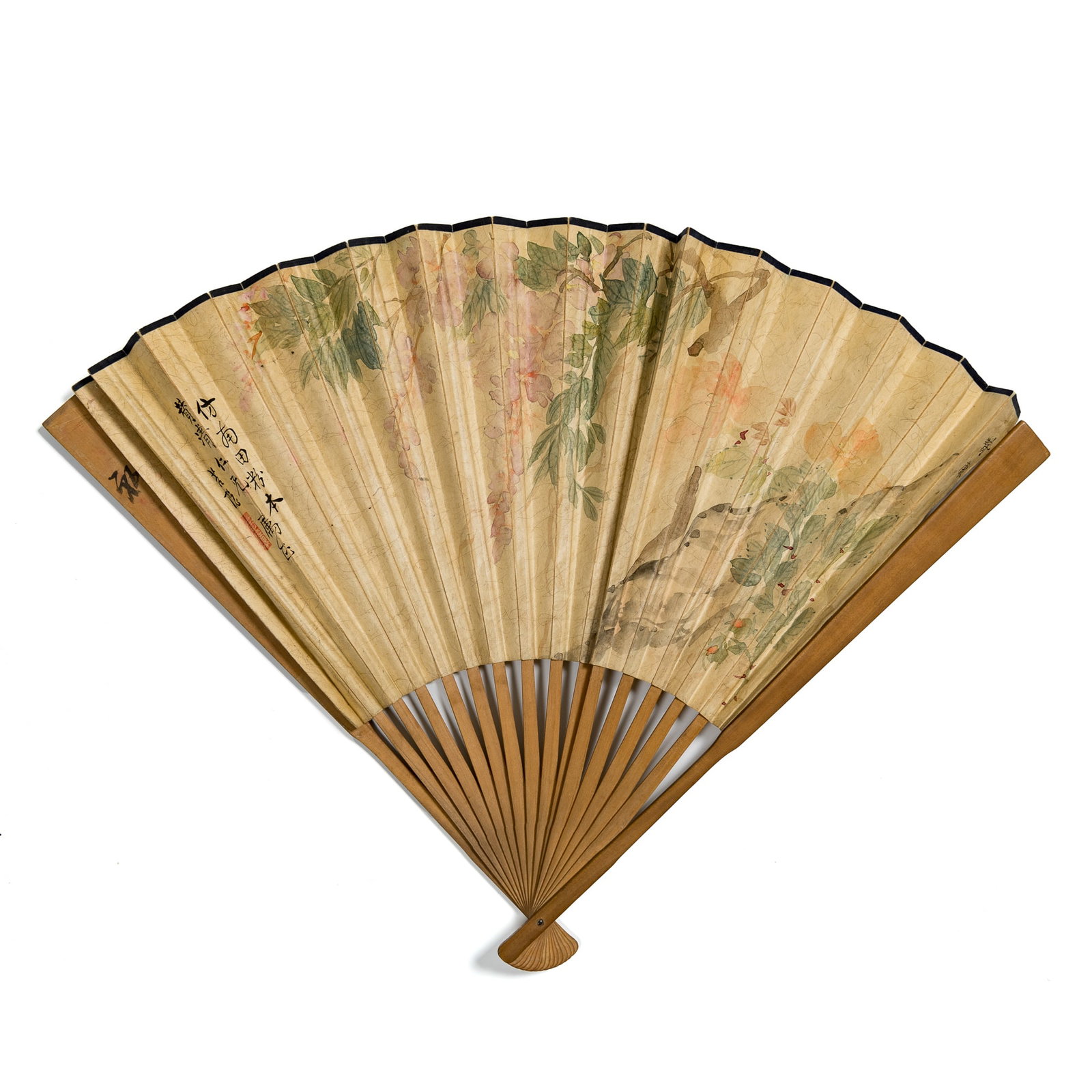 A Chinese folding fan with painting and calligraphy, by Taiyin and Taoshan: A Chinese folding fan with painting and calligraphy by Taiyin and Taoshan Painting by Taiyin, after Yun Shouping (1633-1690); calligraphy by Taoshan. Each side with dedication, signature, and one seal