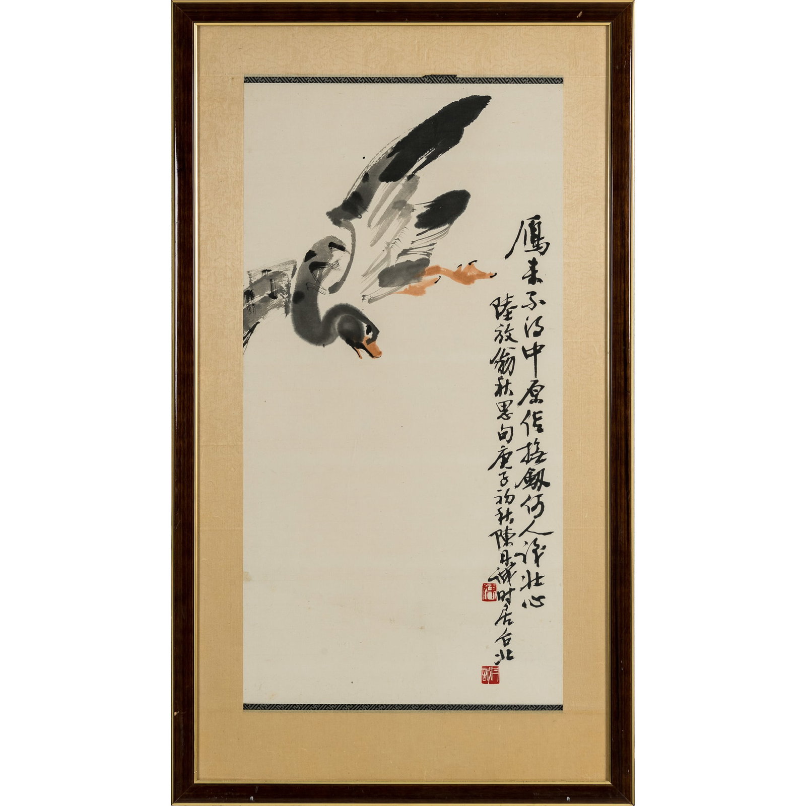 A Chinese 'goose' painting, by Chen Dancheng (1919-2009): A Chinese 'goose' painting by Chen Dancheng (1919-2009) With inscription, signature and two seals; framed. Sight dimensions: H: 26 3/4, W: 13 1/4 in. (H: 67.9, W: 33.7 cm.) Overall dimensions: H: 34 1