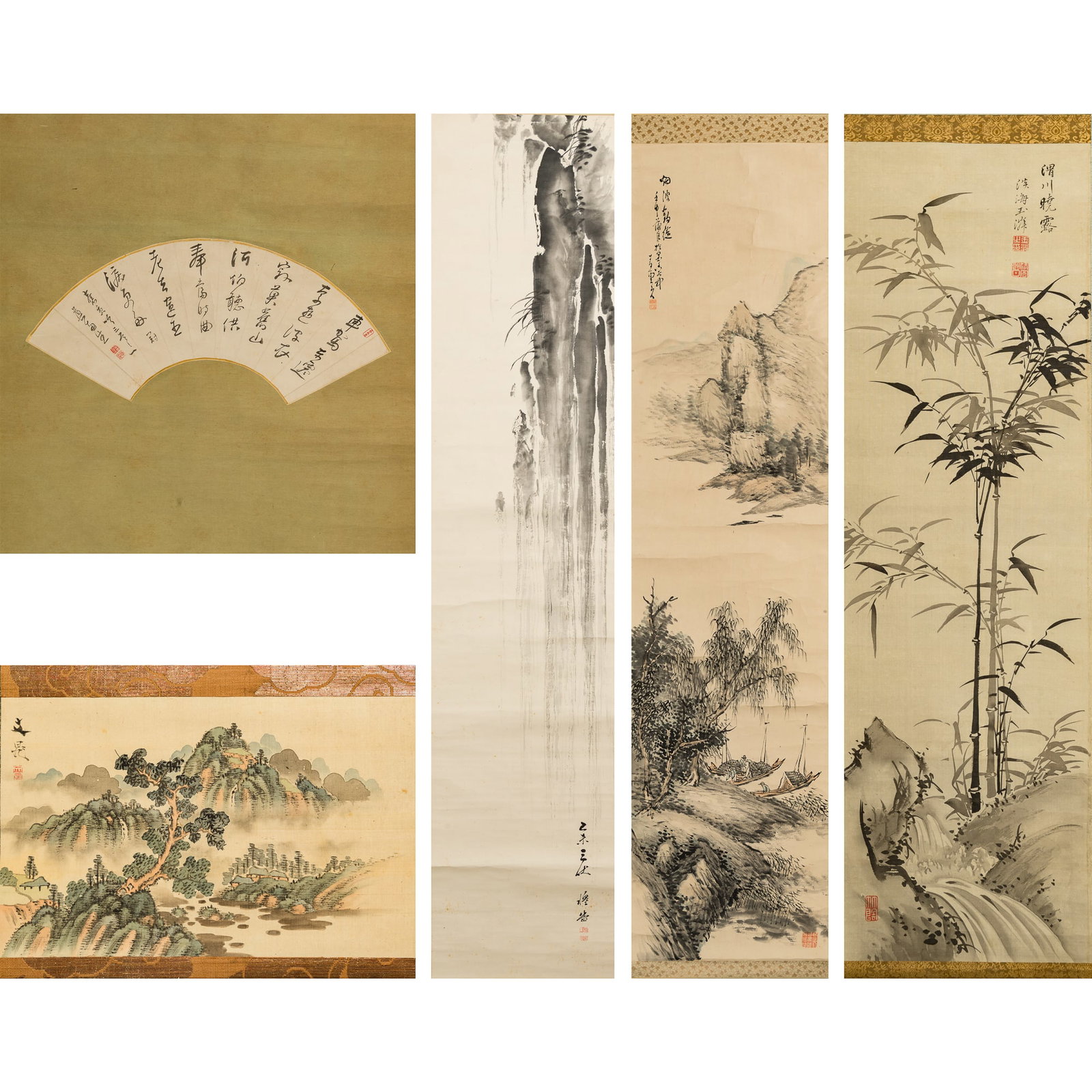 Four Japanese paintings and one calligraphy fan, late Edo period and later: Four Japanese paintings and one calligraphy fan late Edo period and later Comprising an ink bamboo by Omi Gyokurin (1751-1814); a waterfall signed Shodo and dated yiwei; a fishing landscape signed Sei