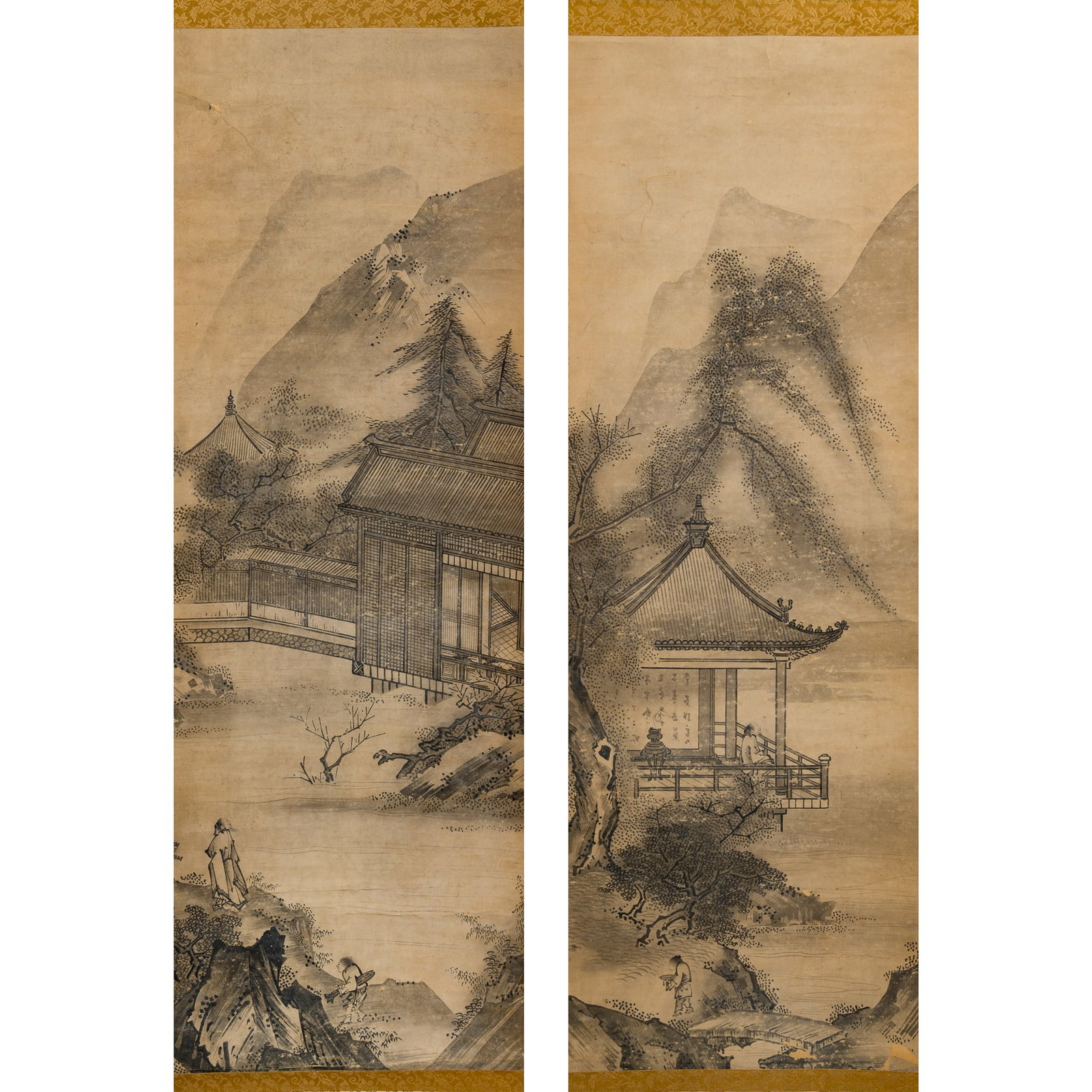 A pair of Japanese landscape hanging scroll paintings, 19th century: A pair of Japanese landscape hanging scroll paintings 19th century Sold with a wooden box. (2). Sight dimensions: H: 41 1/4, W: 13 1/2 in. (H: 104.8, W: 34.3 cm. (each)) Private collection, Las Vegas,