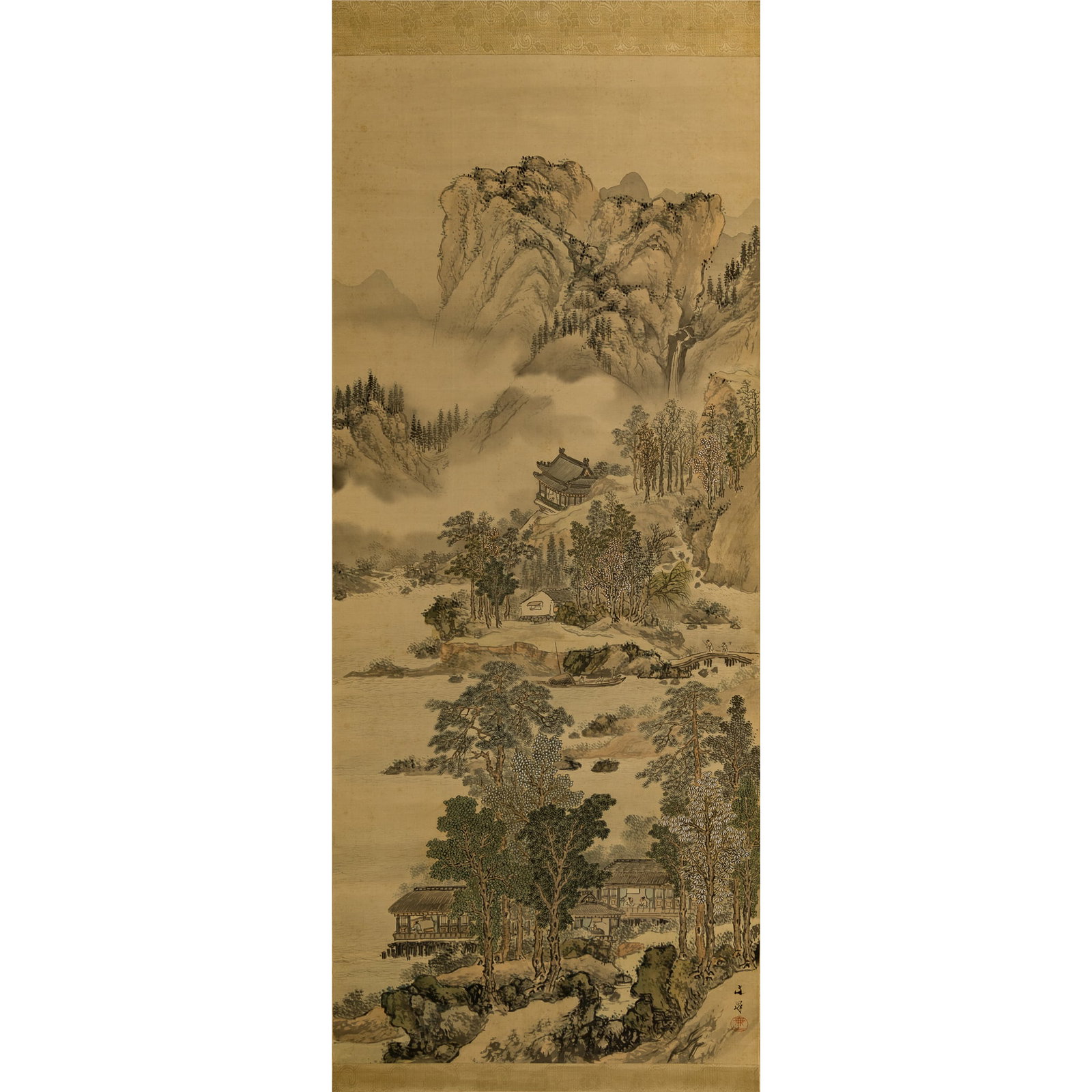 A Japanese landscape painting, hanging scroll, attributed to Tani Buncho (1763-1840): A Japanese landscape painting, hanging scroll attributed to Tani Buncho (1763-1840) With signature and one seal. Sight dimensions: H: 55, W: 23 in. (H: 139.7, W: 58.4 cm.) Private collection, Las Vega