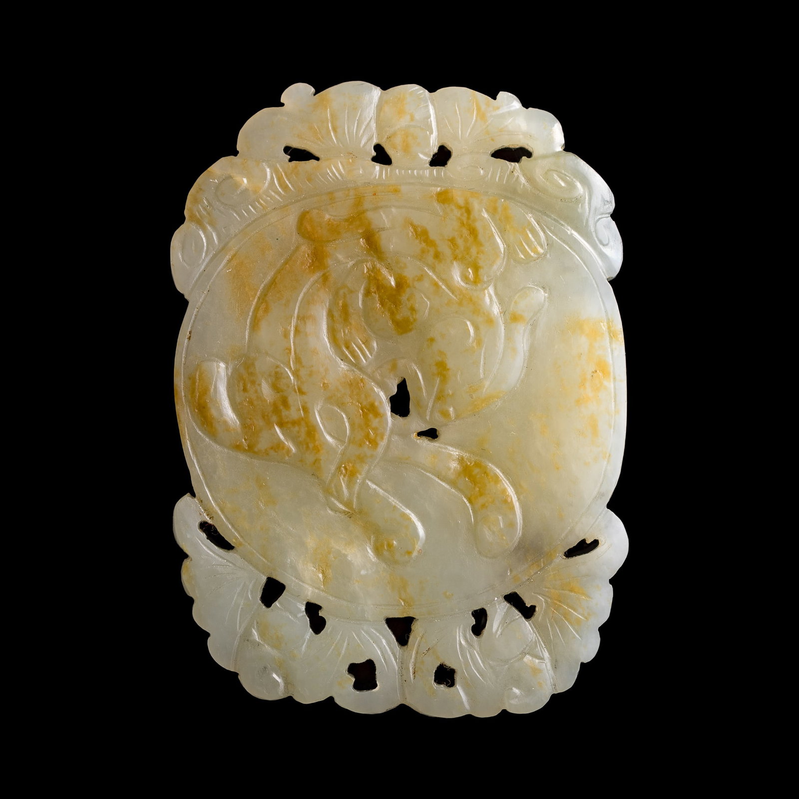 A Chinese white jade russet-skin 'chilong' pendant, 19th century: A Chinese white jade russet-skin 'chilong' pendant 19th century H: 2, W: 2 7/8, D: 1/8 in. (H: 5.1, W: 7.3, D: 0.3 cm.) Private collection, New Jersey. Click here