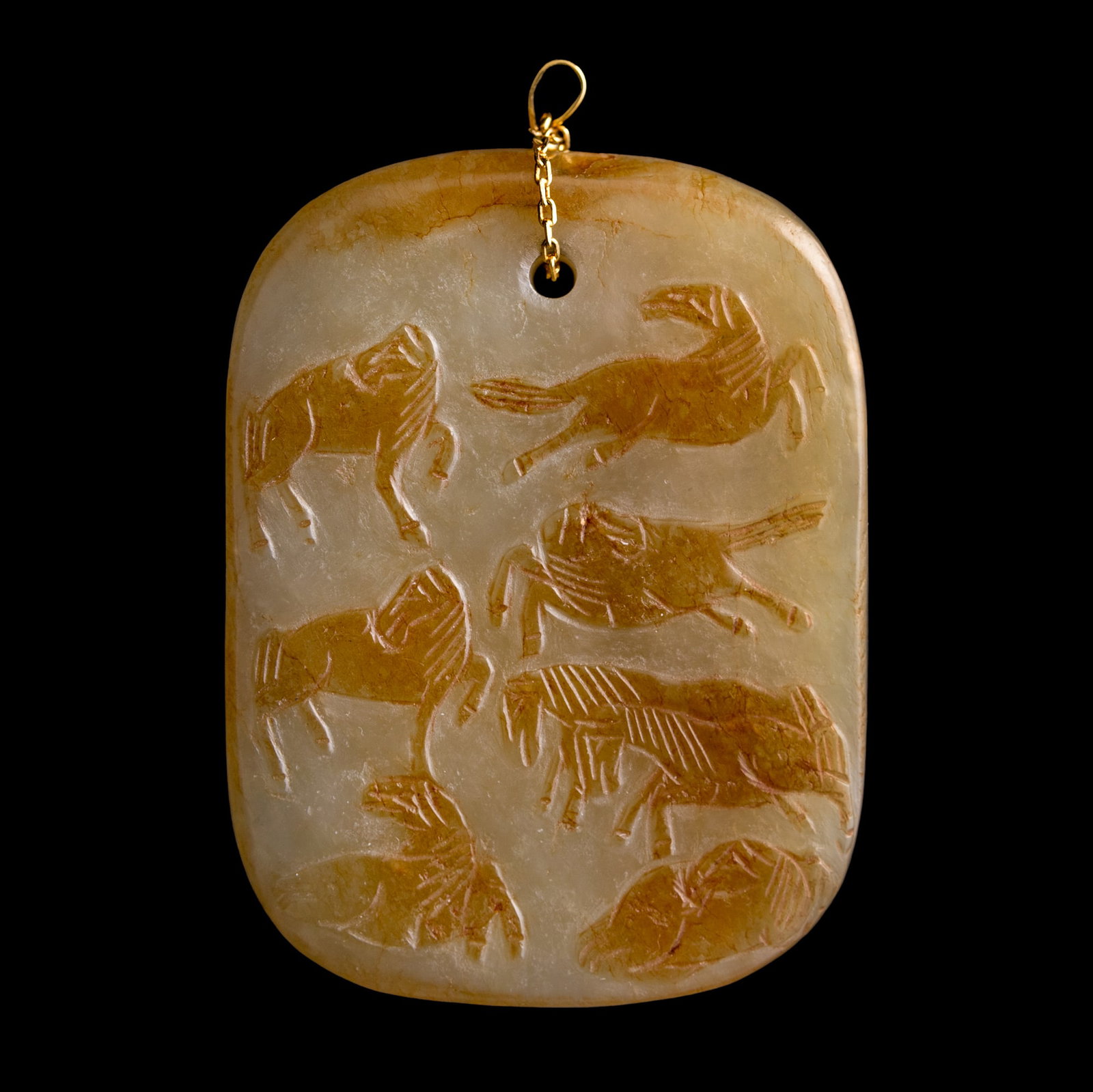 A Chinese russet-skin jade 'Eight Horses' plaque, 18th century: A Chinese russet-skin jade 'Eight Horses' plaque 18th century H: 2 1/2, W: 1 7/8, D: 3/16 in. (H: 6.4, W: 4.8, D: 0.5 cm.) From Mrs. Hillebrand of Chicago, Illinois. Her father-in-law acquired these i