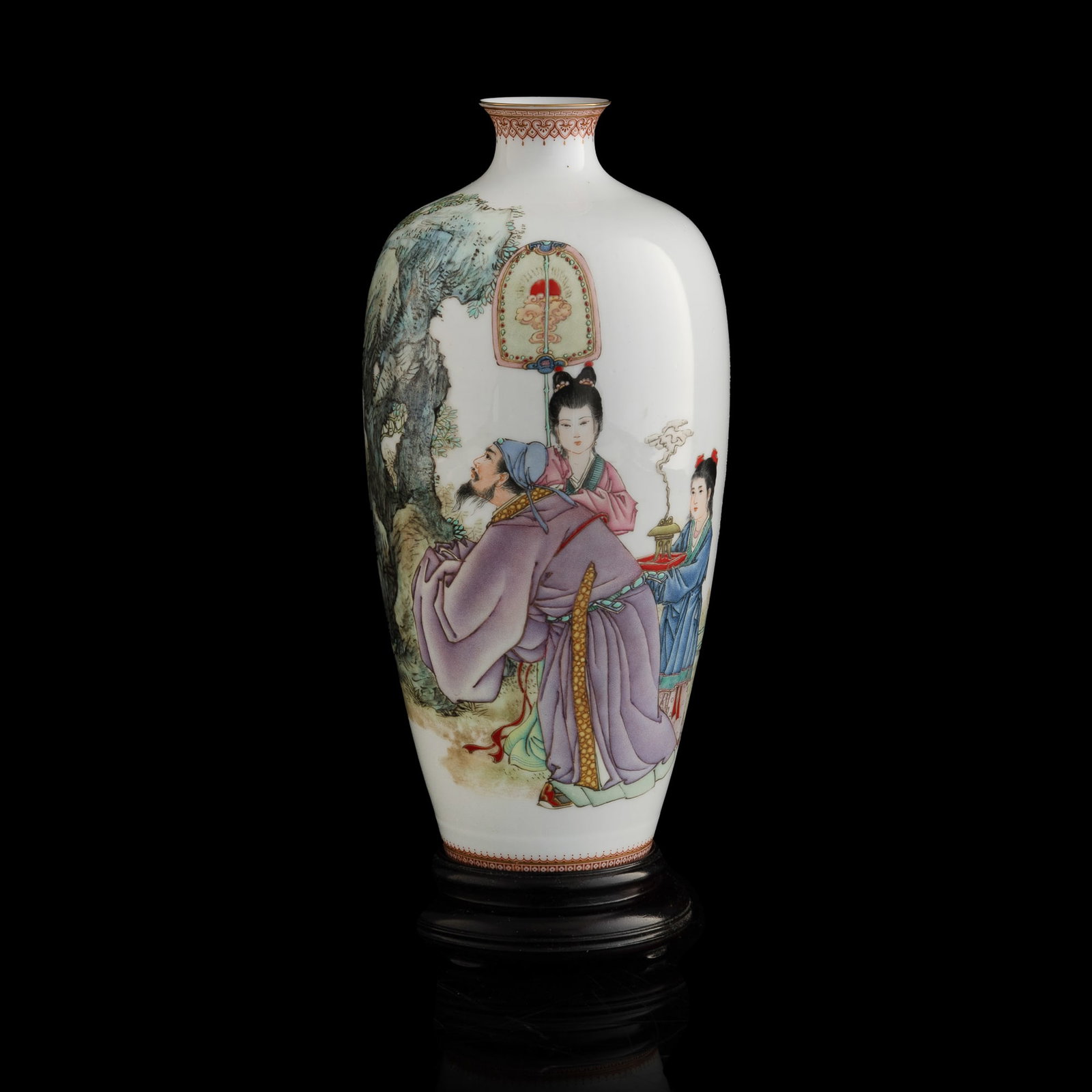 A Chinese famille rose 'Mi Fu Bowing to a Rock' vase, Wang Longfu style, 1950s-1960s (1 of 13)