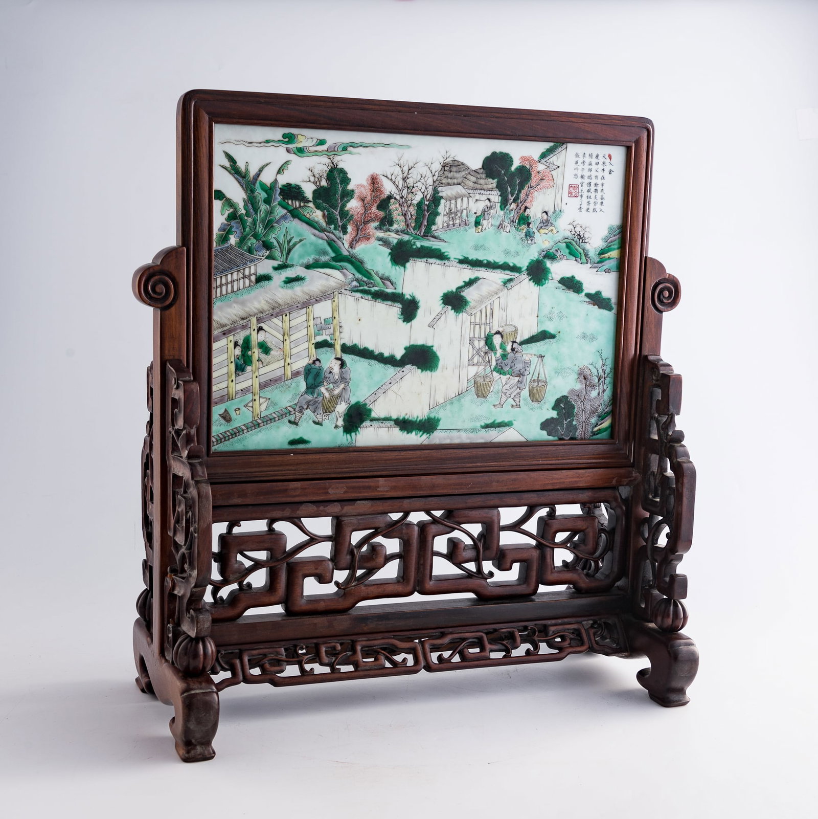 A Chinese wucai 'Farming and Weaving' porcelain plaque table screen, Qing dynasty (1 of 10)