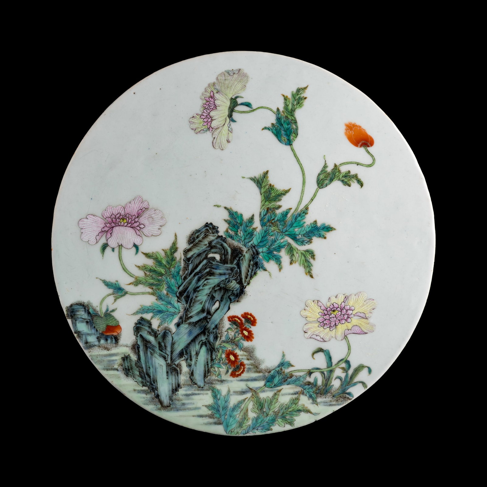 A Chinese famille rose 'floral' porcelain plaque, Republic period (1 of 6)