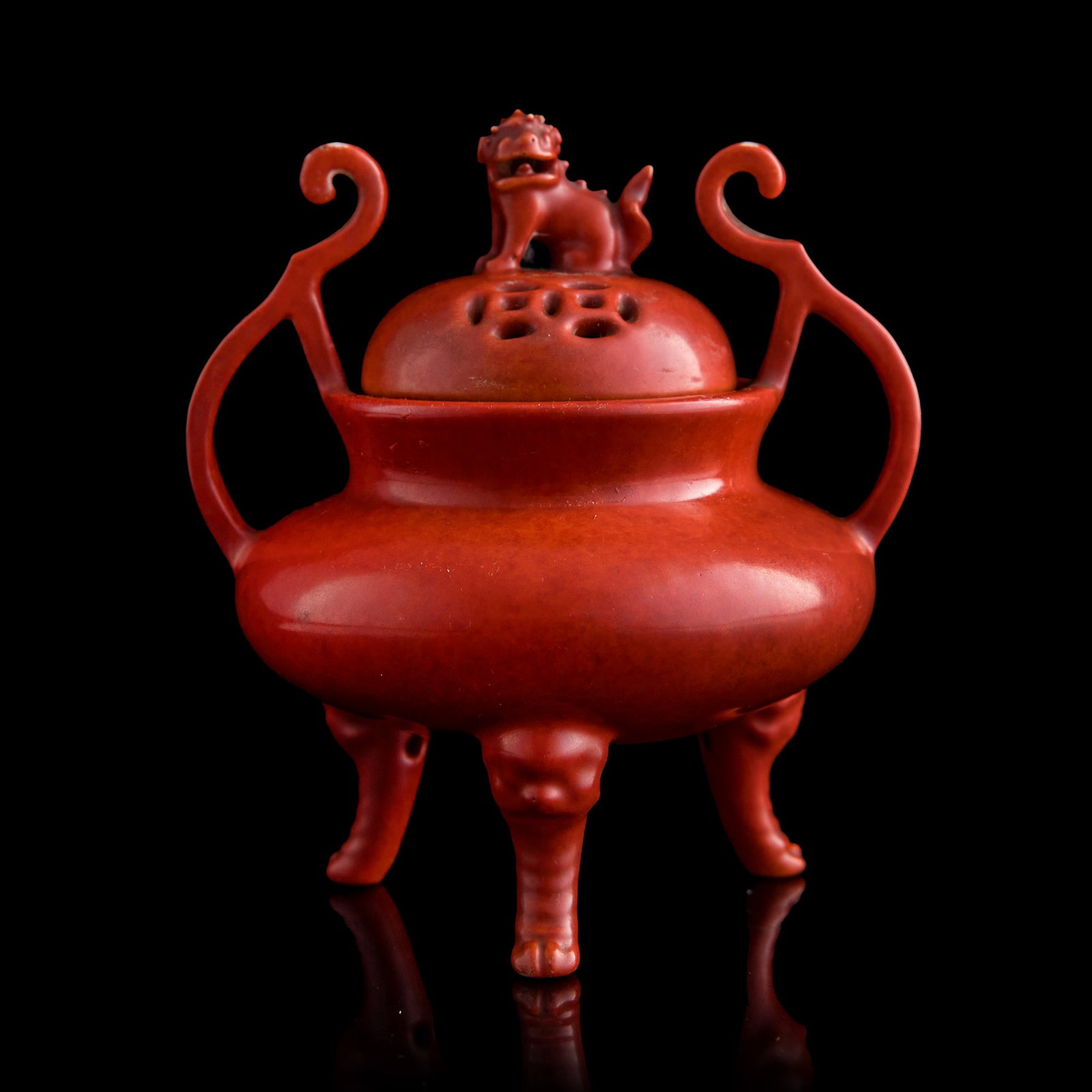 A Chinese coral-red censer, 19th century: A Chinese coral-red censer 19th century Sold with original brocade box. H: 5, W: 4 1/2, D: 4 in. (H: 12.7, W: 11.4, D: 10.2 cm.) From an estate in San Diego, California.