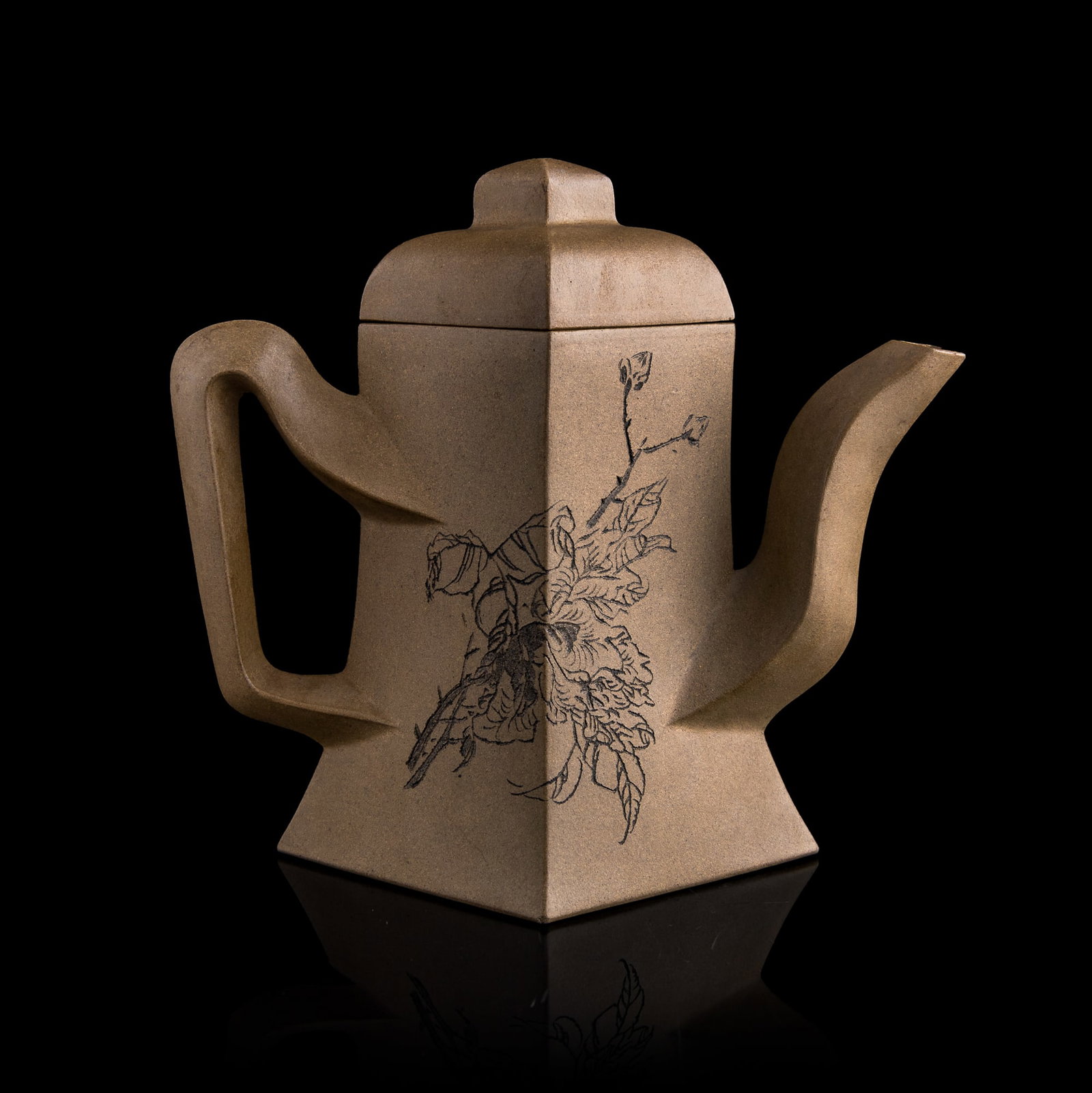 A Chinese Duanni diamond-form inscribed teapot, carved by Liansheng, Republic period: A Chinese Duanni diamond-form inscribed teapot carved by Liansheng, Republic period The teapot bears a "Tiehuaxuan Zhi" mark to the base, a "Liansheng" engraved mark to the body, and a "Fushou" mark t