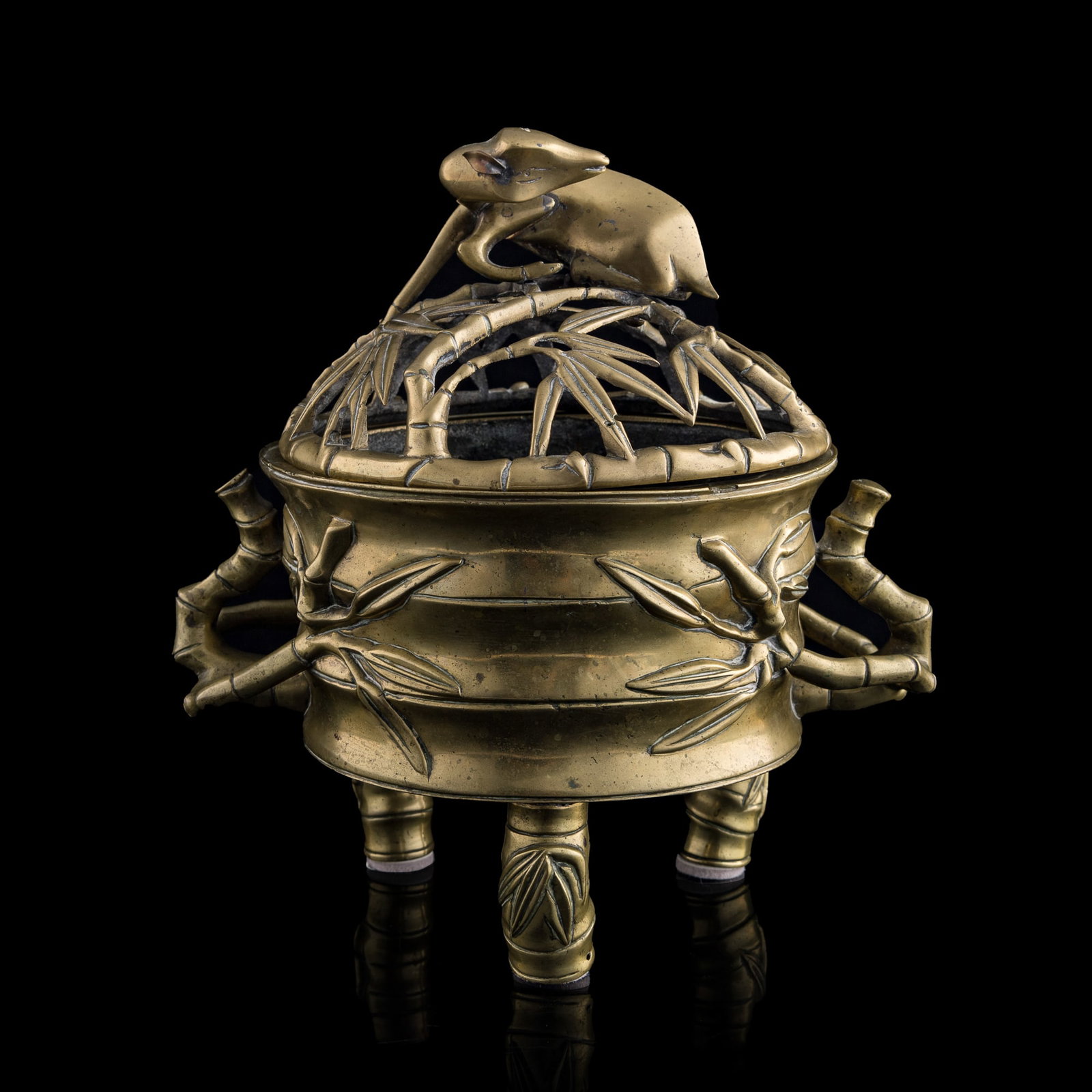 A Chinese bronze bamboo-form censer, 19th century: A Chinese bronze bamboo-form censer 19th century with four-character mark to underside H: 12, W: 10 3/4, D: 7 1/4 in. (H: 30.5, W: 27.3, D: 18.4 cm.) Weight: 5050 g. From Mrs. Nickl of St. Louis, Miss