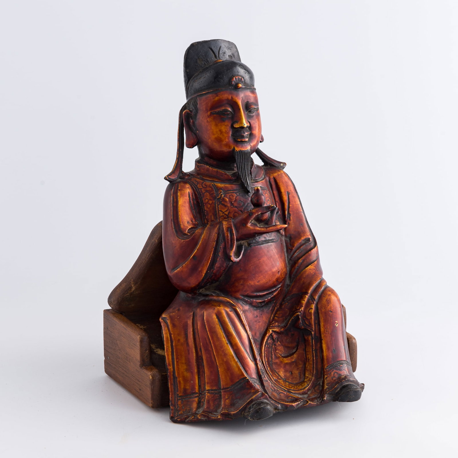 A Chinese gilt-lacquered bronze seated Wenchang figure, Ming dynasty: A Chinese gilt-lacquered bronze seated Wenchang figure Ming dynasty sold with wooden stand H: 12 1/2, W: 7, D: 5 in. (H: 31.8, W: 17.8, D: 12.7 cm.) Weight: 2437 g. From the estate of Dr. Reno W. Back