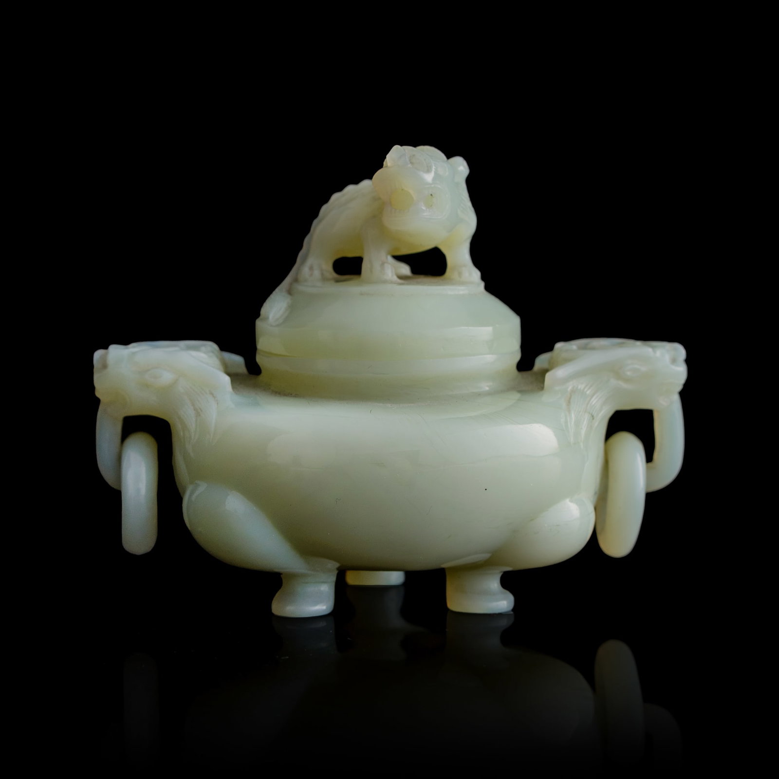 A Chinese glass covered censer with lion finial, 19th century: A Chinese glass covered censer with lion finial 19th century H: 3 1/8, W: 4, D: 2 7/8 in. (H: 7.9, W: 10.2, D: 7.3 cm.) From Mr. Kwok of Vancouver, Canada. Inherited from his late father, who acquired