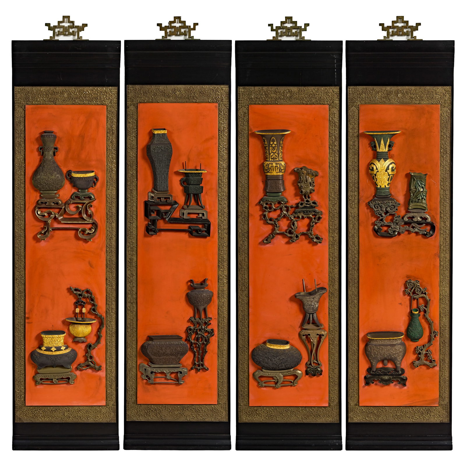 A set of four Chinese lacquer bogu hanging panels, Republic period (1 of 14)