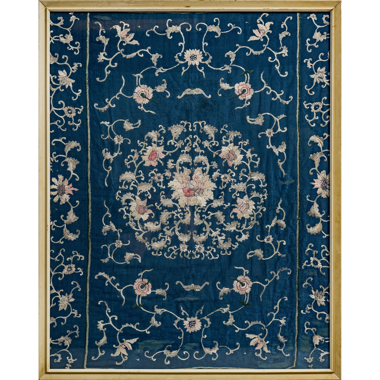 A Chinese framed dark blue satin embroidered floral roundel, 19th century (1 of 5)