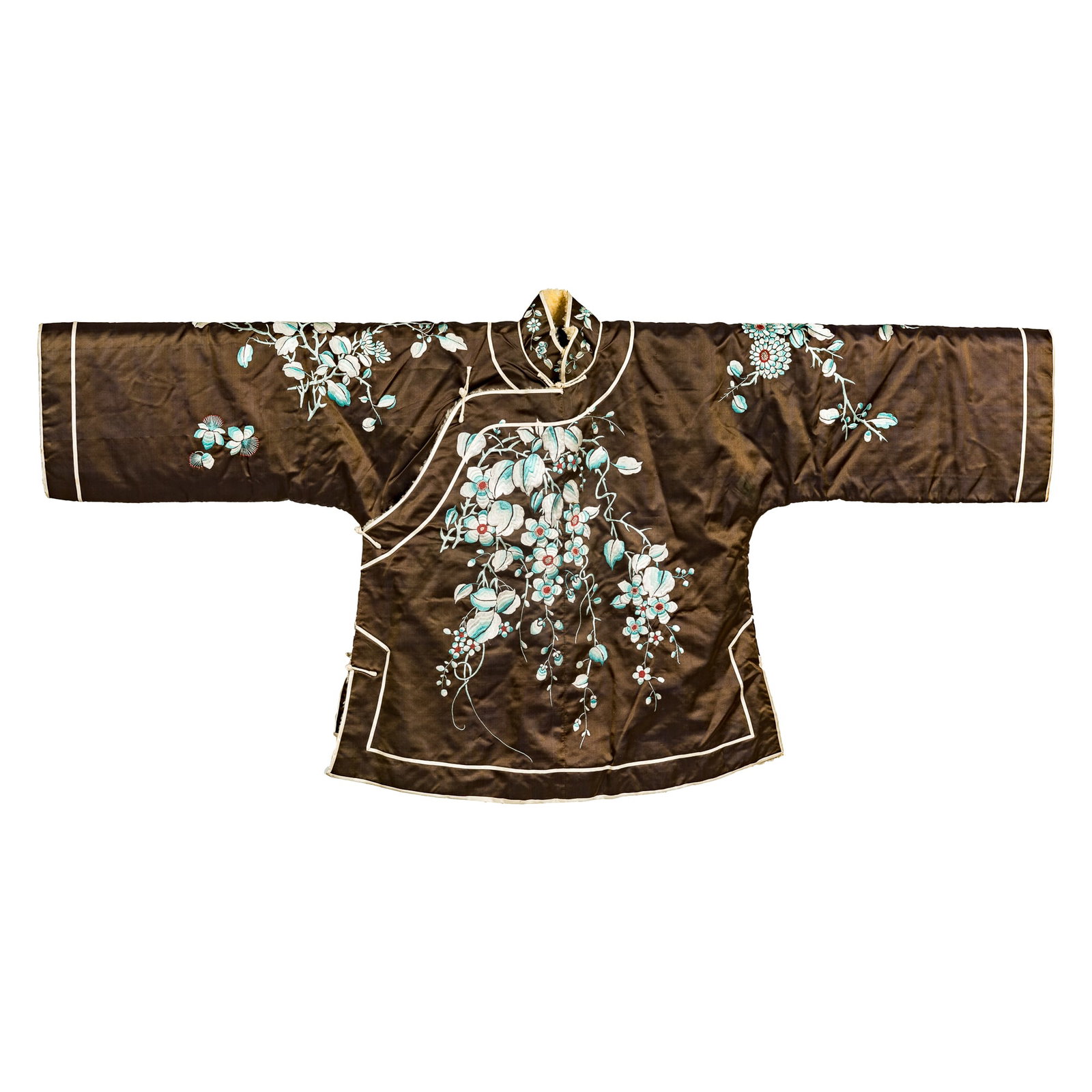 A Chinese brown satin embroidered floral woman's jacket, late 19th century: A Chinese brown satin embroidered floral woman's jacket late 19th century H: 19 3/4, W: 48 in. (H: 50.2, W: 121.9 cm.) From the estate of Dr. Reno W. Backus (1901–1979), who served as a medical miss