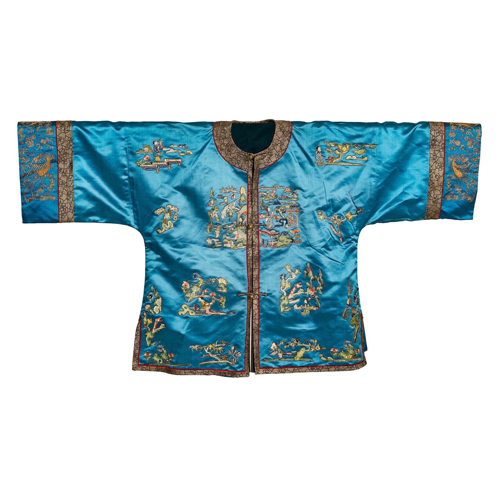 A Chinese pale blue satin Canton-embroidered figural woman's jacket, late 19th century (1 of 8)