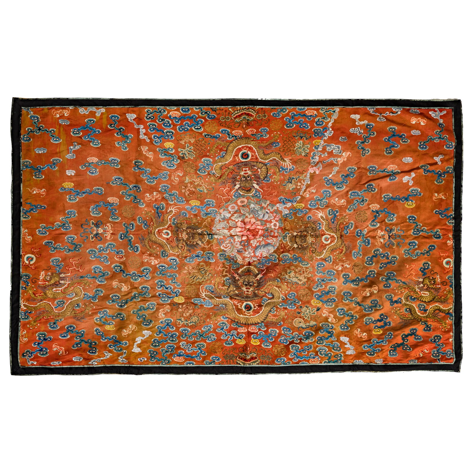 A Chinese couched-gold embroidered dragon panel, early 19th century: A Chinese couched-gold embroidered dragon panel early 19th century H: 58 1/2, W: 37 in. (H: 148.6, W: 94 cm.) Private collection, New Jersey. Click here for high r