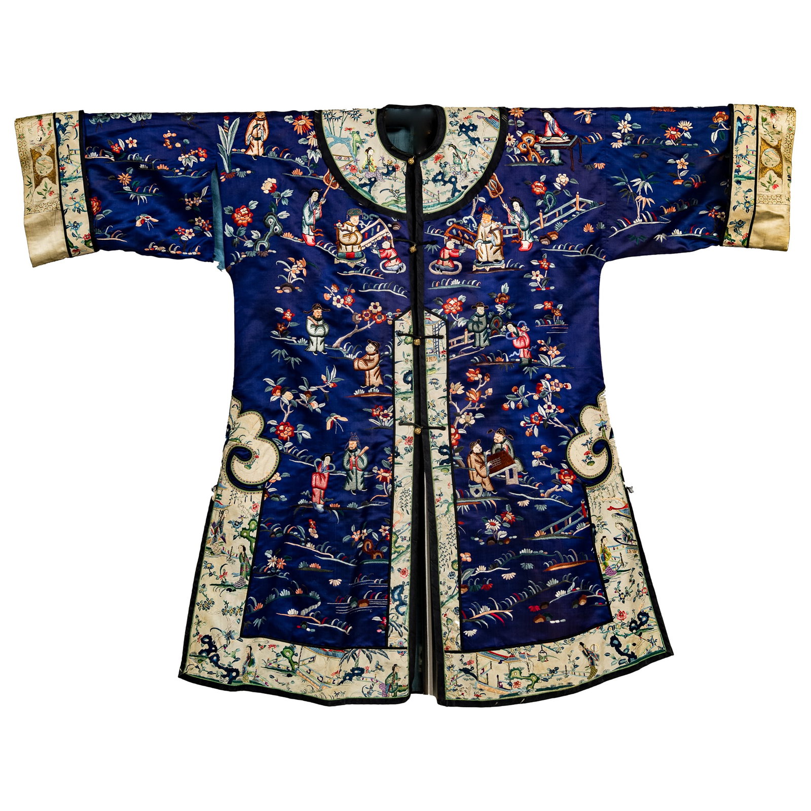 A Chinese blue-ground embroidered figural woman's jacket, 19th century (1 of 11)
