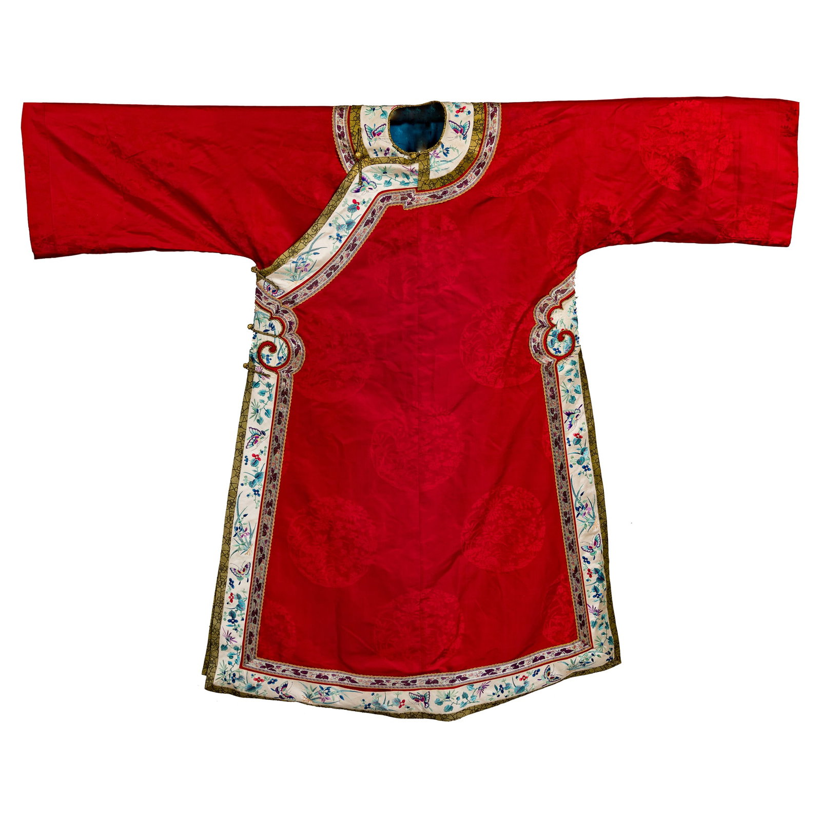 A Chinese red silk woman's robe embroidered with flowers and butterflies, 19th century (1 of 9)