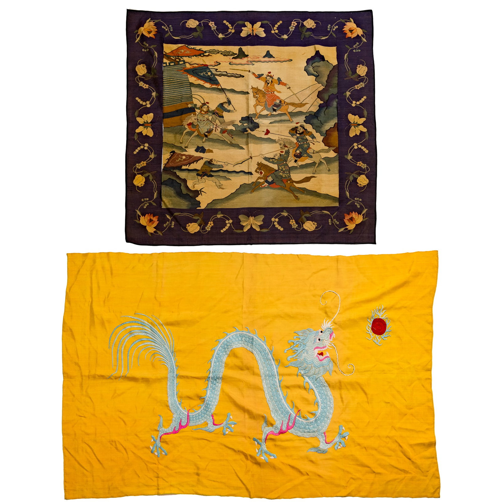 A Chinese kesi warrior panel and an embroidered dragon banner, 19th century (1 of 9)