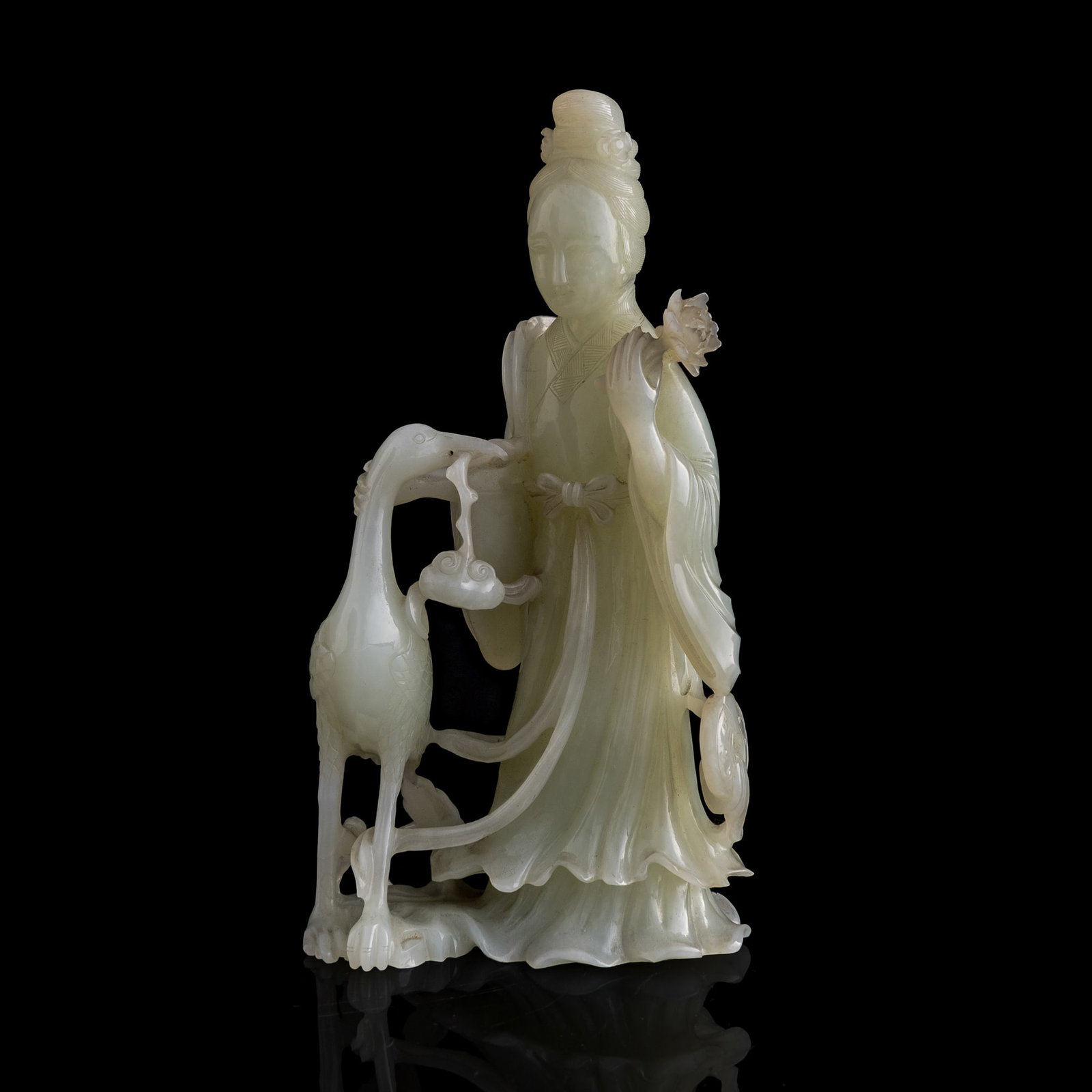 A Chinese white jade carving of Magu and crane, 19th century (1 of 10)