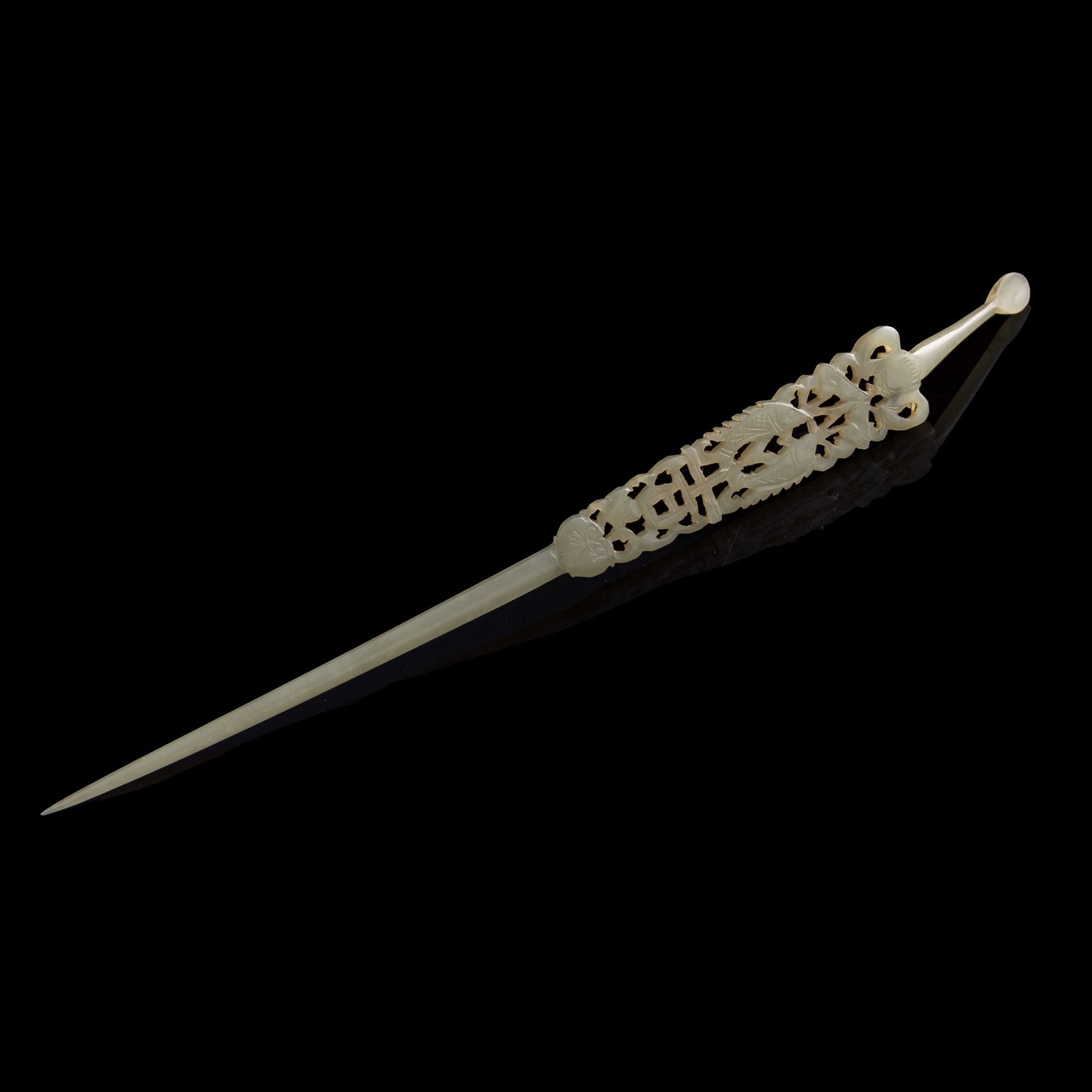 A Chinese jade hairpin, 19th century: A Chinese jade hairpin 19th century H: 7 1/2, W: 3/4 D: 1/8 in. (H: 19, W: 1.9, D: 0.3 cm.) From the estate of Dr. Reno W. Backus (1901–1979), who served as a medical missionary in China during the 