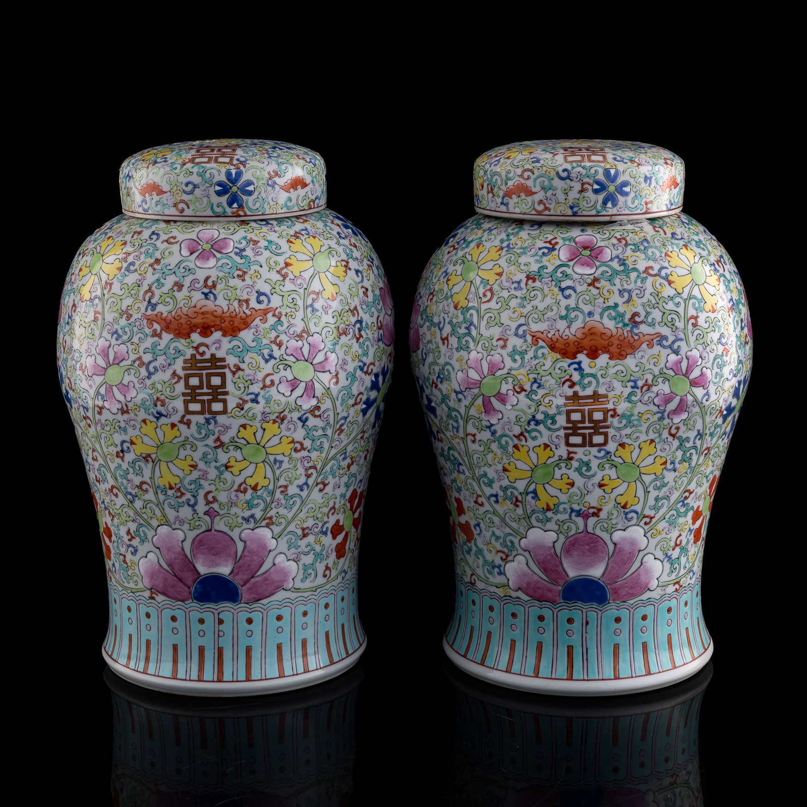 A pair of Chinese famille rose floral 'double happiness' covered jars, late 19th century (1 of 11)