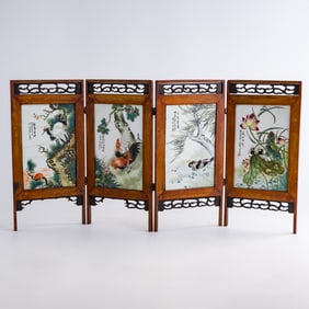 A Chinese four-panel famille rose porcelain plaque table screen, Republic period