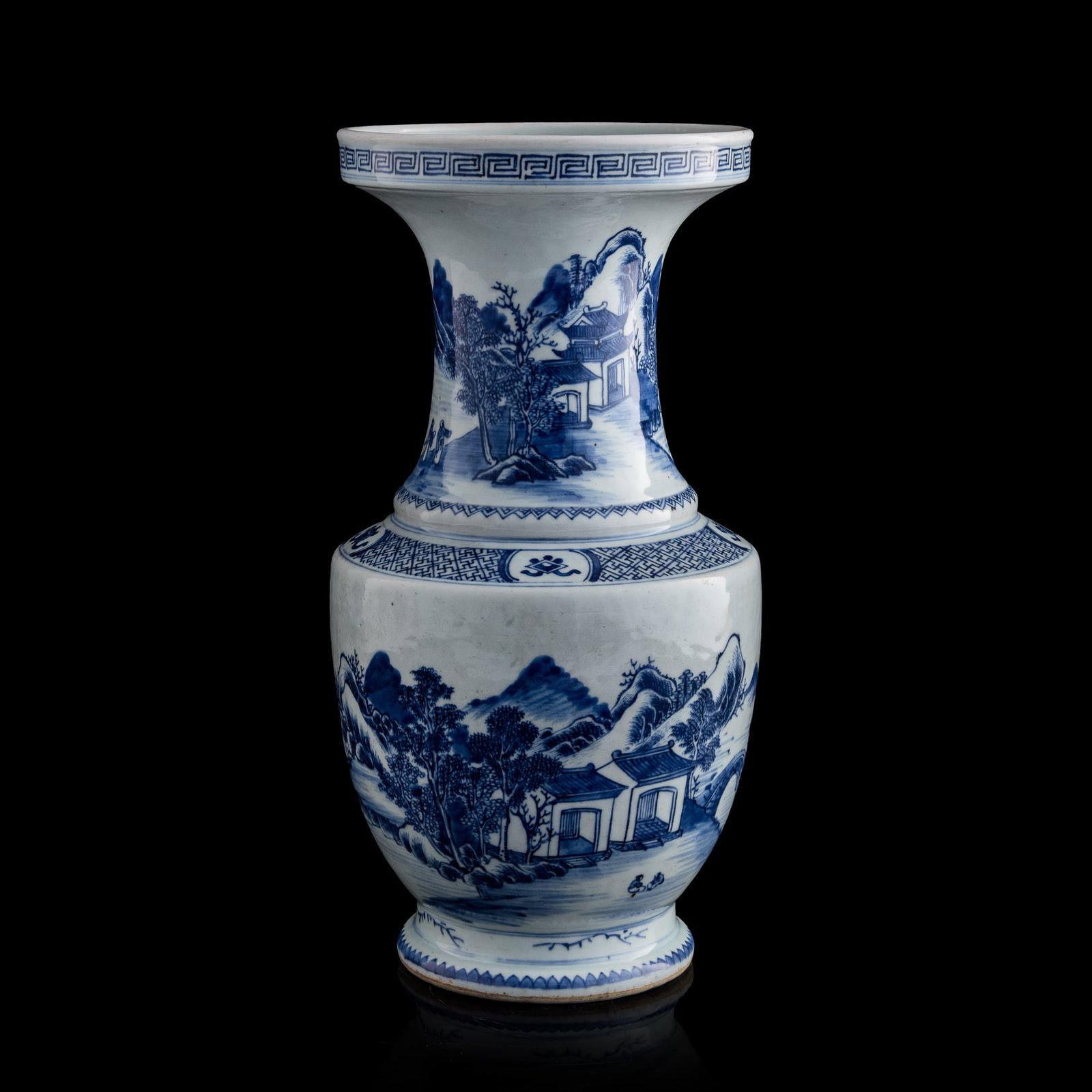 A Chinese blue and white landscape dish-mouthed vase, 18th century (1 of 10)