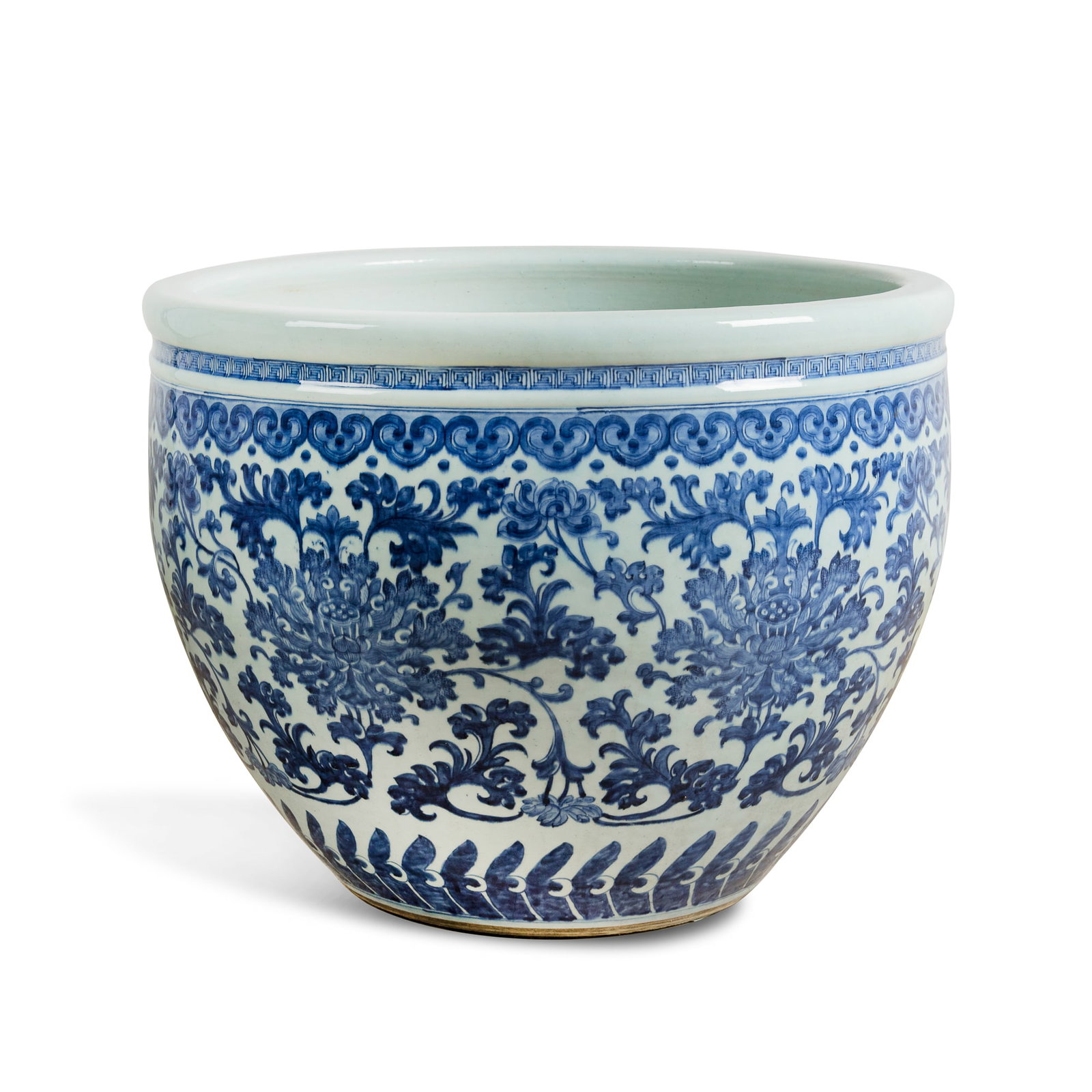 A large Chinese blue and white 'lotus scrolls' jar, Qianlong period, Qing dynasty: A large Chinese blue and white 'lotus scrolls' jar Qianlong period, Qing dynasty Featuring a classic 'scrolling lotus' motif in Chinese culture symbolizing purity and enlightenment, the rich cobalt bl