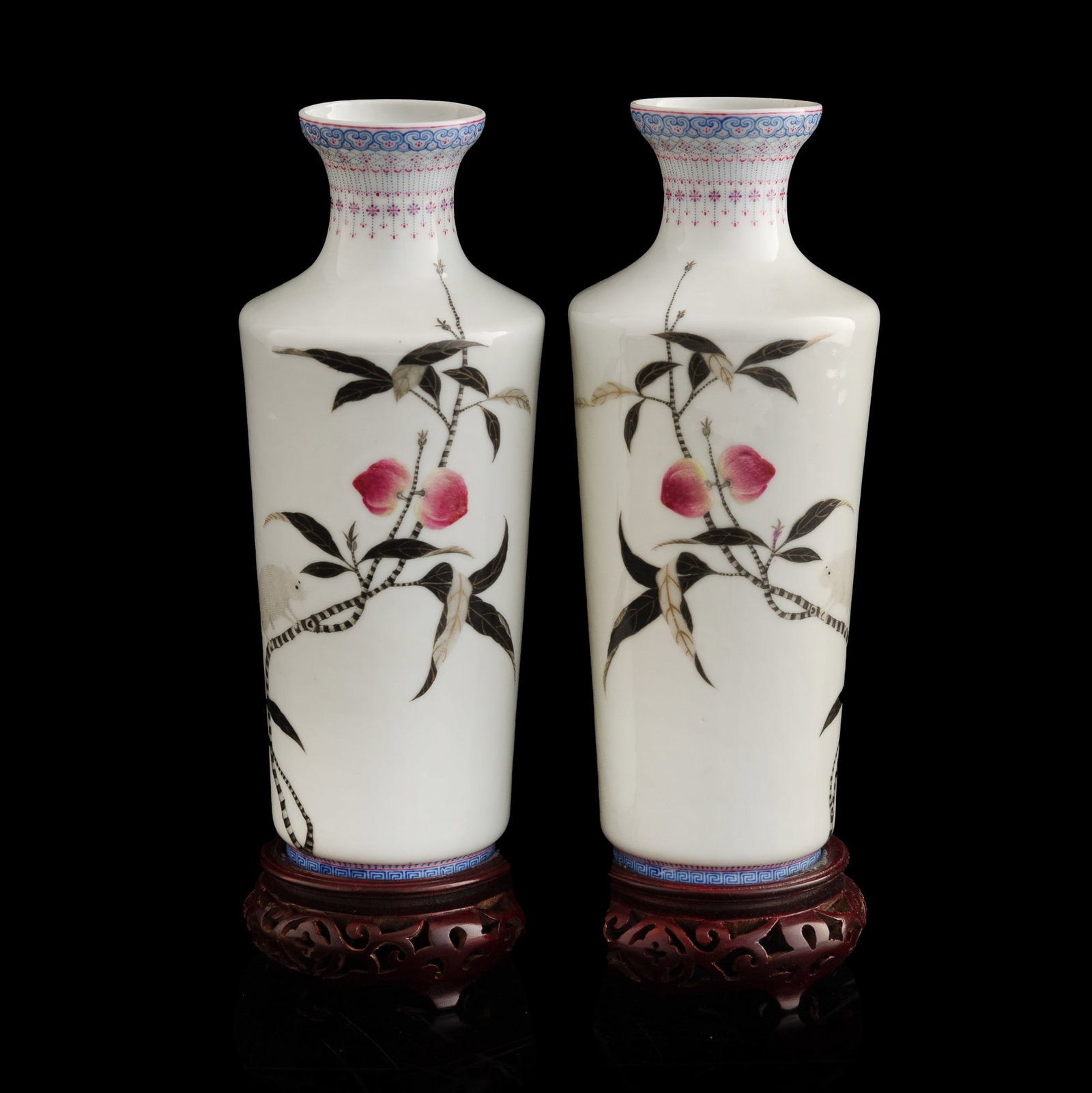 A pair of Chinese falangcai-style 'peaches and squirrels' vases, Republic period (1 of 12)