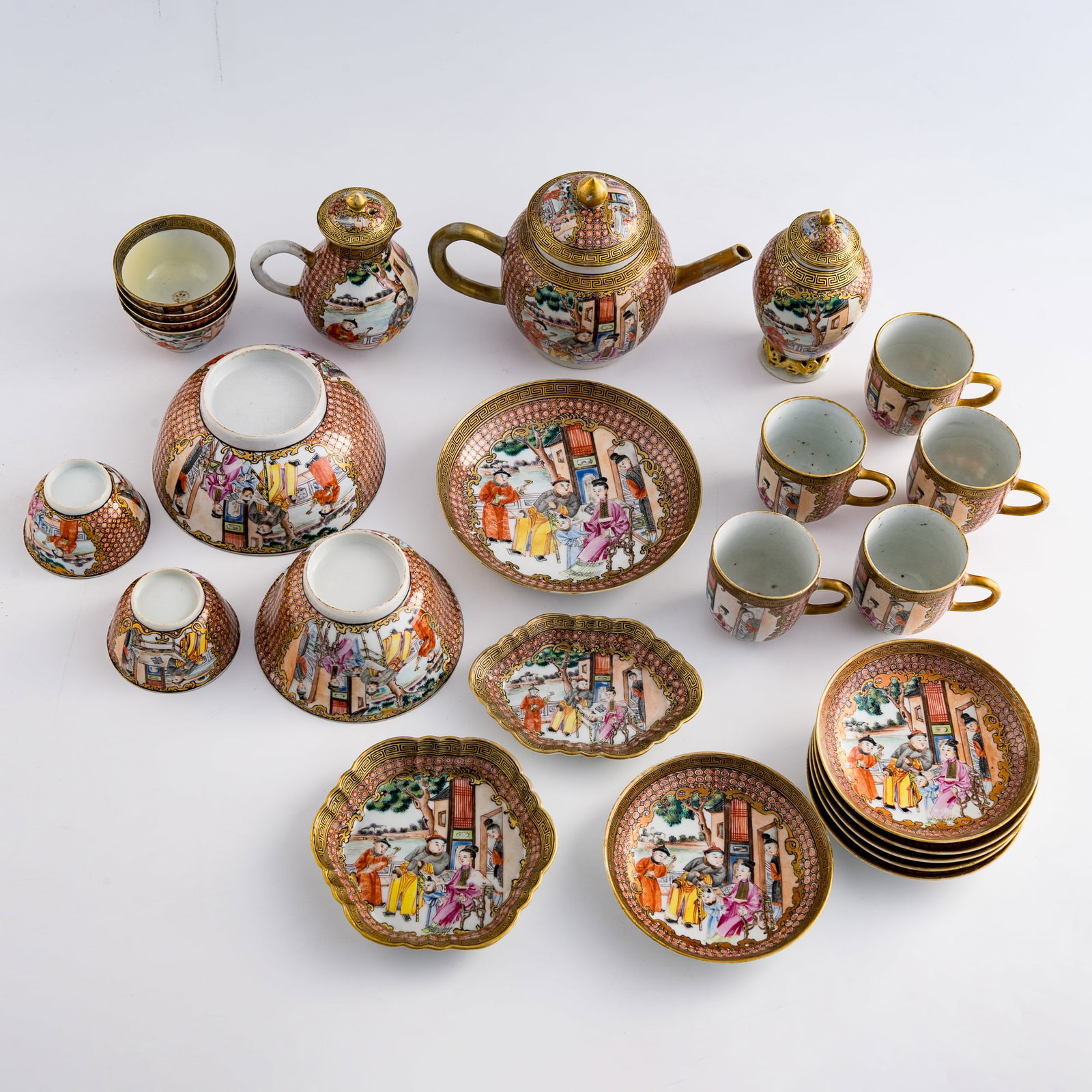 A set of Chinese export brocade-pattern-ground famille rose tea ware, early 19th century (1 of 20)