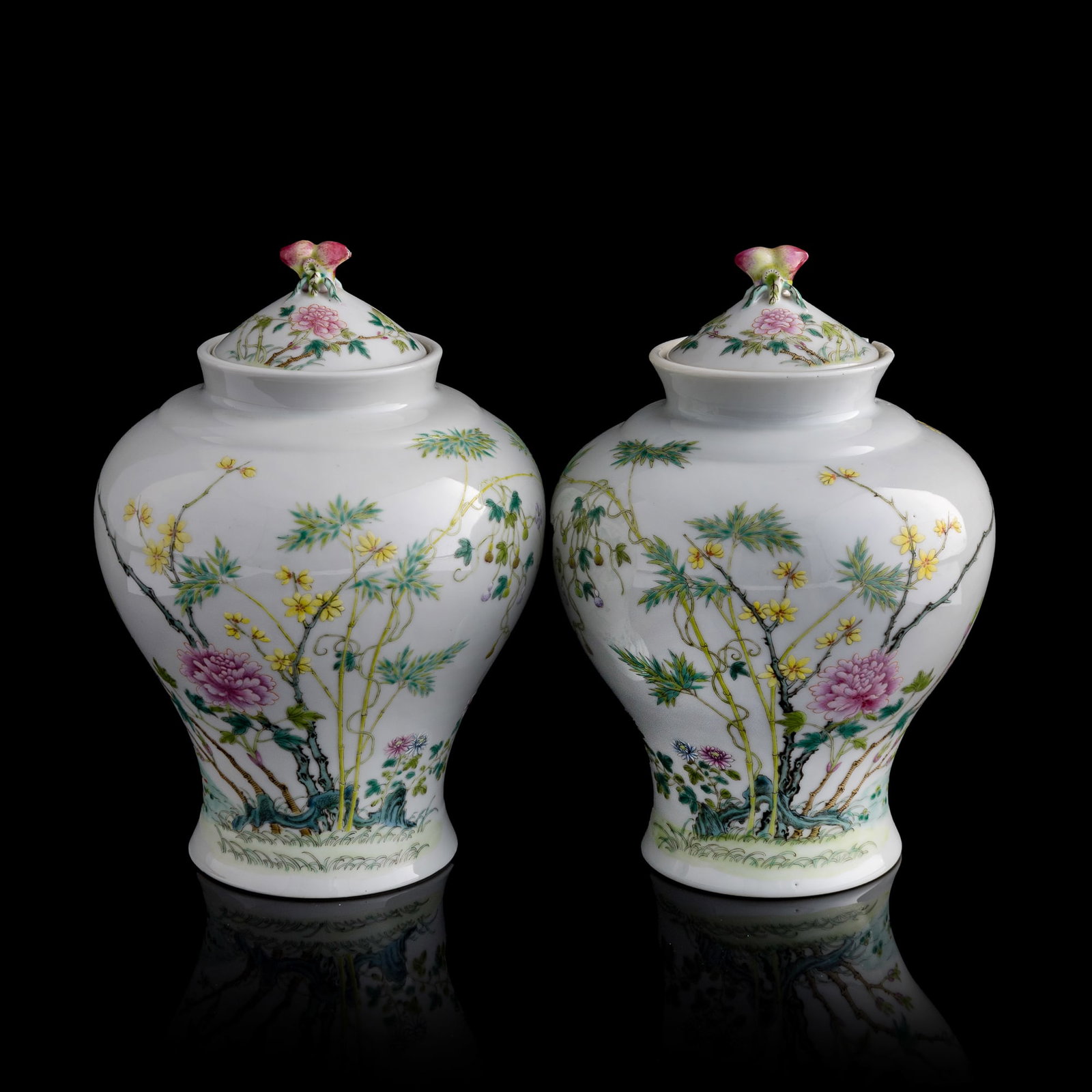 A pair of Chinese famille rose bird and flower jars, Republic period (1 of 12)