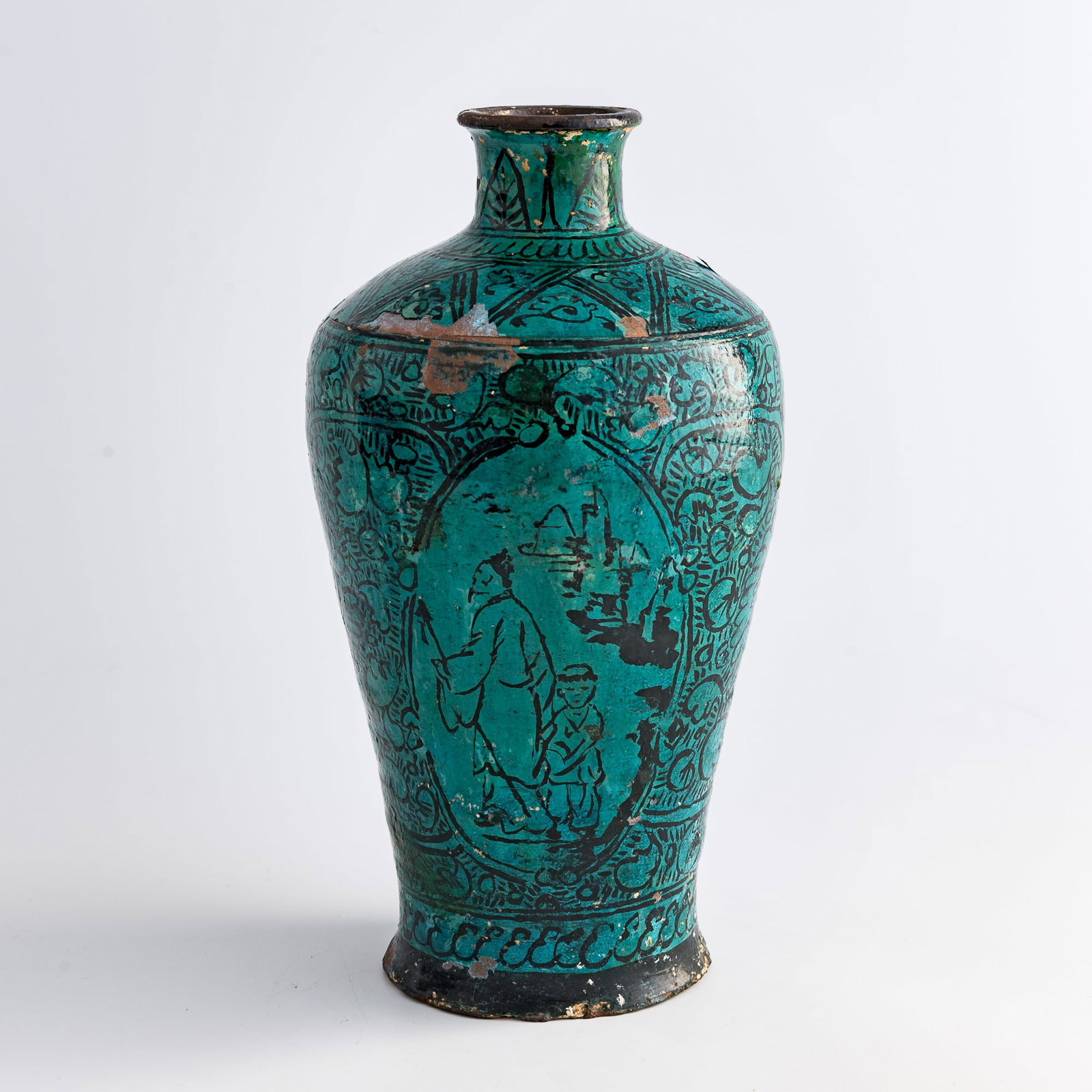 A Chinese Cizhou peacock-green-glazed meiping vase, Yuan/Ming dynasty: A Chinese Cizhou peacock-green-glazed meiping vase Yuan/Ming dynasty Sold with associated box. H: 9 3/4, Dia: 5 1/4 in. (H: 24.8, Dia: 13.3 cm.) From Mr. Lee of Palo Alto, California.
