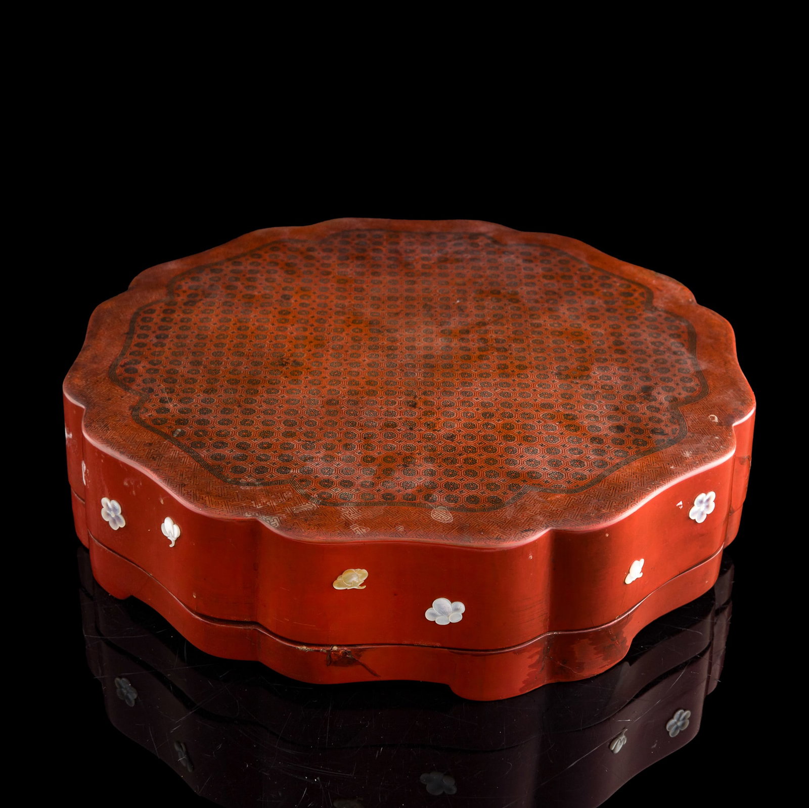 A Chinese painted lacquer 'brocade-pattern' lobed box, Qianlong period, Qing dynasty: A Chinese painted lacquer 'brocade-pattern' lobed box Qianlong period, Qing dynasty H: 4 3/8, W: 17 3/4, D: 17 3/4 in. (H: 11.1, W: 45.1, D: 45.1 cm.) Private collection, New York.