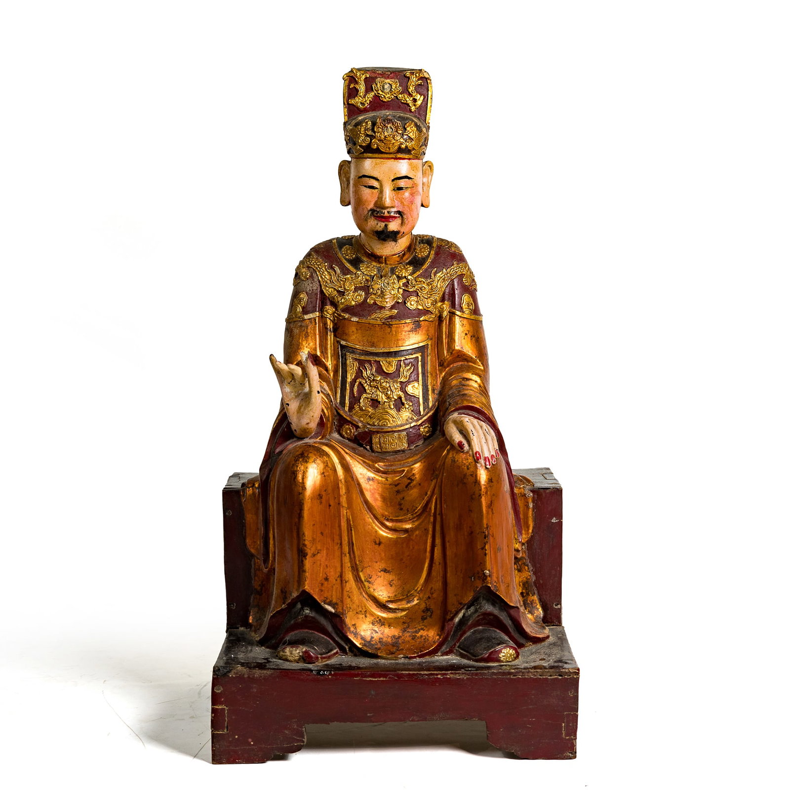 A Chinese gilt-lacquered wood seated figure of Wenchang, 18th century: A Chinese gilt-lacquered wood seated figure of Wenchang 18th century H: 37, W: 19 1/2, D: 16 in. (H: 94, W: 49.5, D: 40.6 cm.) Private collection, Windermere, Florida.