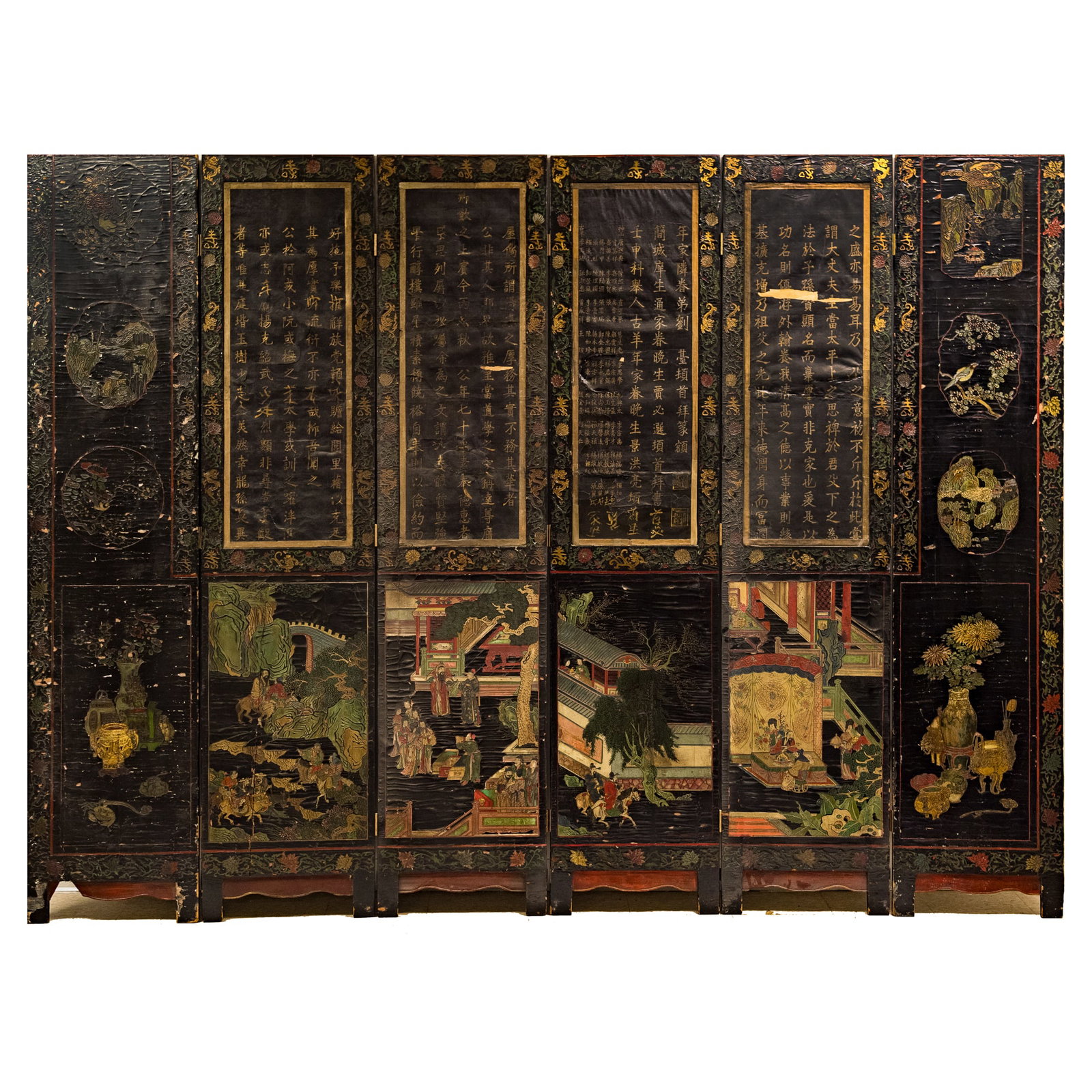 A Chinese six-panel painted black lacquer folding screen, Kangxi period, Qing dynasty: A Chinese six-panel painted black lacquer folding screen Kangxi period, Qing dynasty Overall dimensions when fully opened: H: 89, W: 121 1/4 in. (H: 226.1, W: 308 cm.) Private collection, New York.