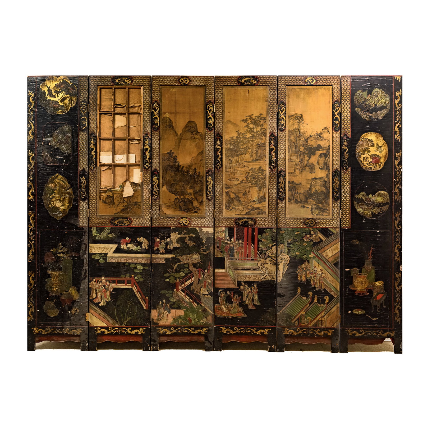A Chinese six-panel painted black lacquer folding screen, Kangxi period, Qing dynasty - 2
