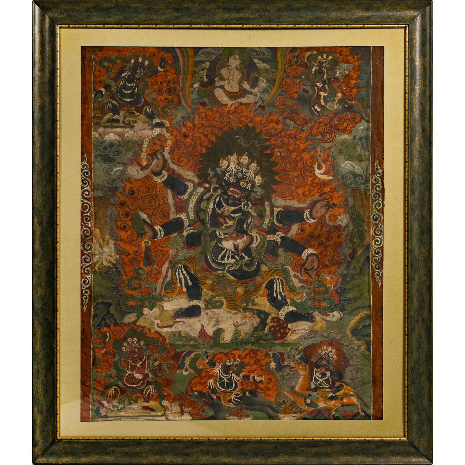 A Tibetan framed six-armed Mahakala thangka, Qing dynasty (1 of 6)