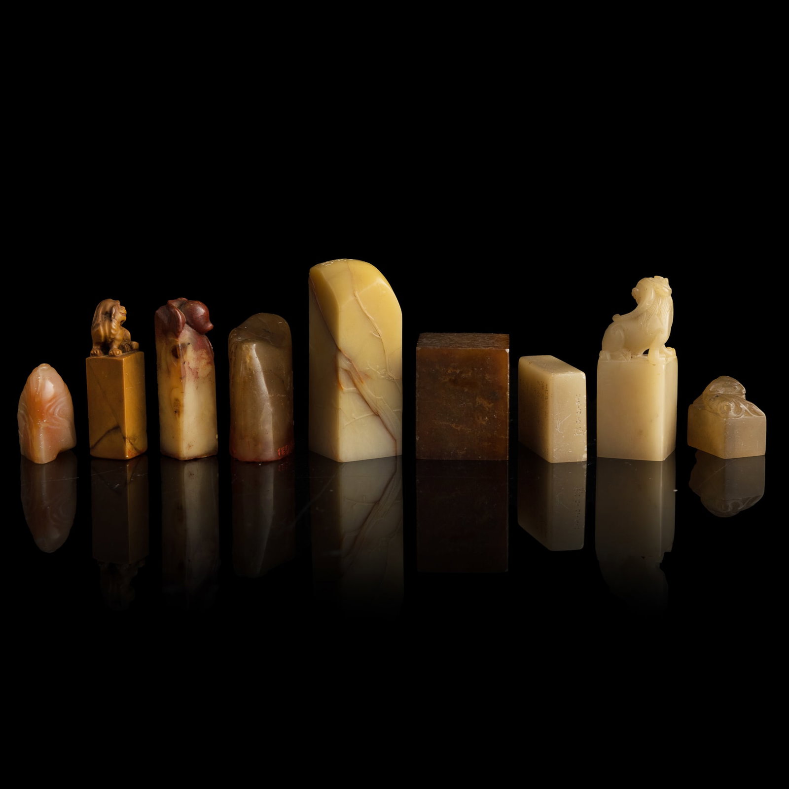 Nine assorted Chinese Shoushan and Qingtian stone seals, Qing dynasty/Republic period: Nine assorted Chinese Shoushan and Qingtian stone seals Qing dynasty/Republic period Sold with fitted box; three with markings to underside (9). H: 2 1/4, W: 1/2, D: 1/2 in. (H: 5.7, W: 1.3, D: 1.3 cm